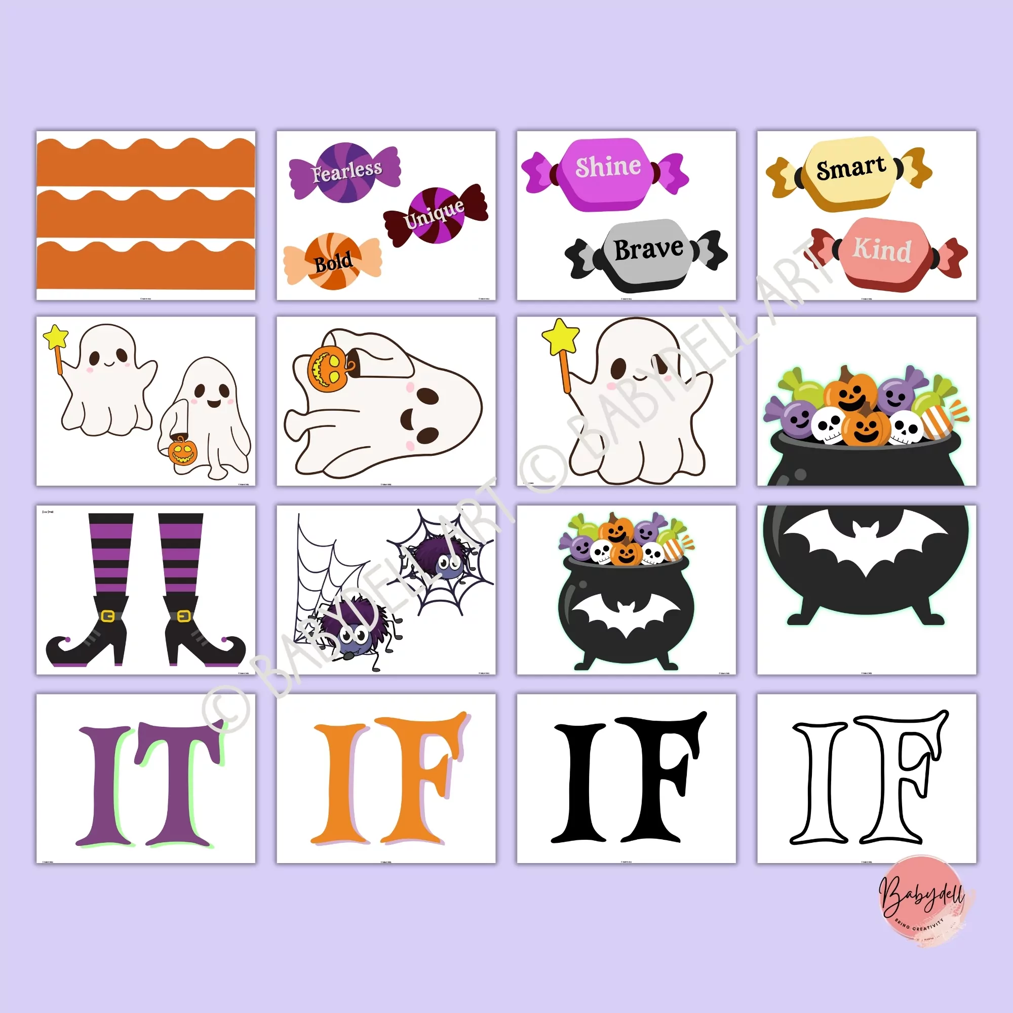 Colorful Halloween bulletin board kit featuring friendly ghosts, pumpkins, and positive affirmations.