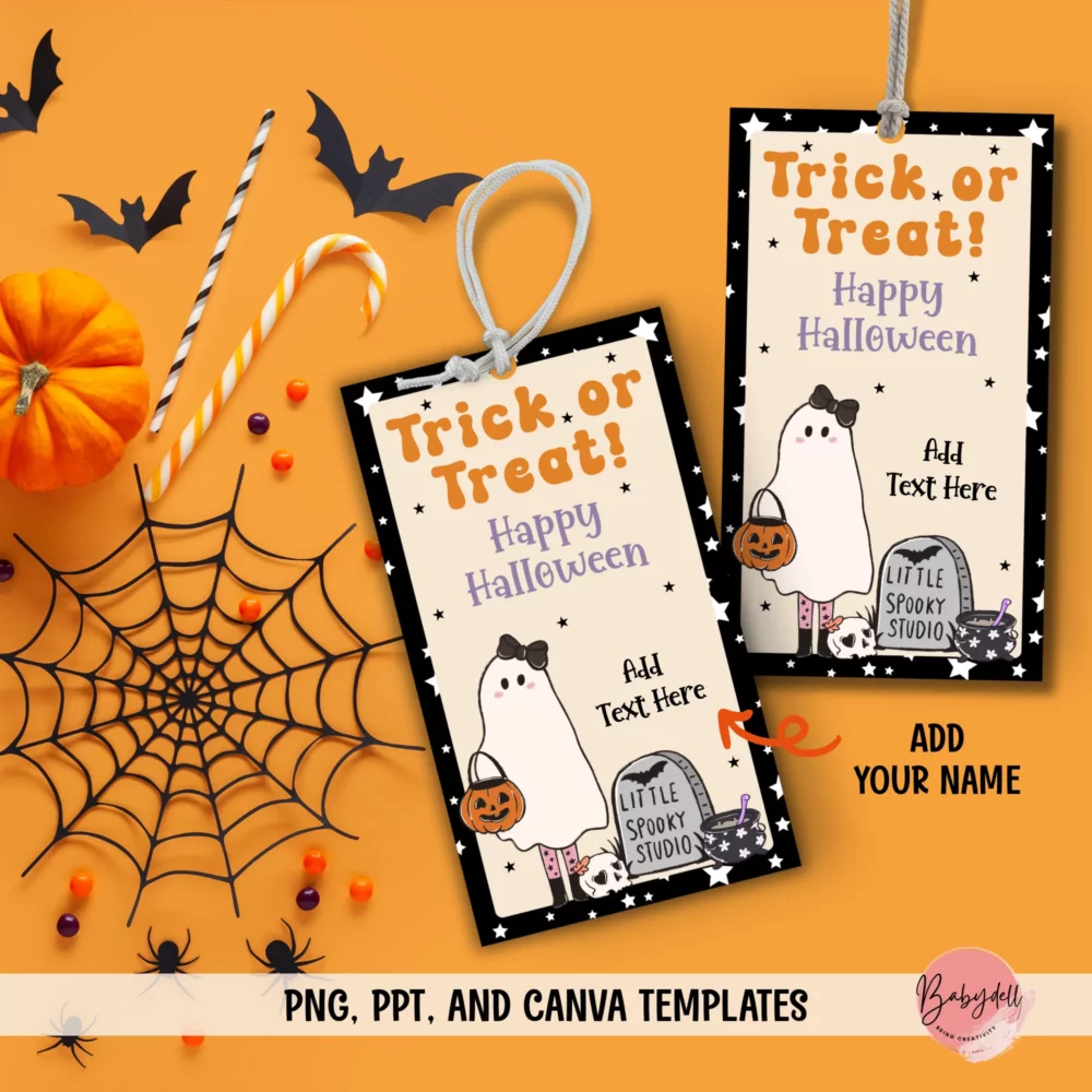 Editable ghost-themed gift tags for Halloween treat bags.