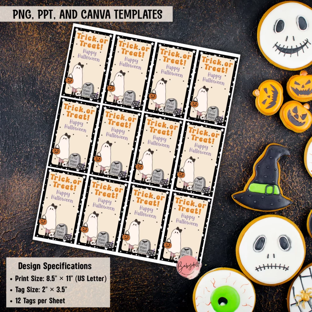 Editable ghost gift tags for Halloween treat bags featuring a playful design.