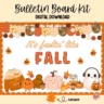 Editable bulletin board kit featuring fall-themed kindness messages for classroom decor.