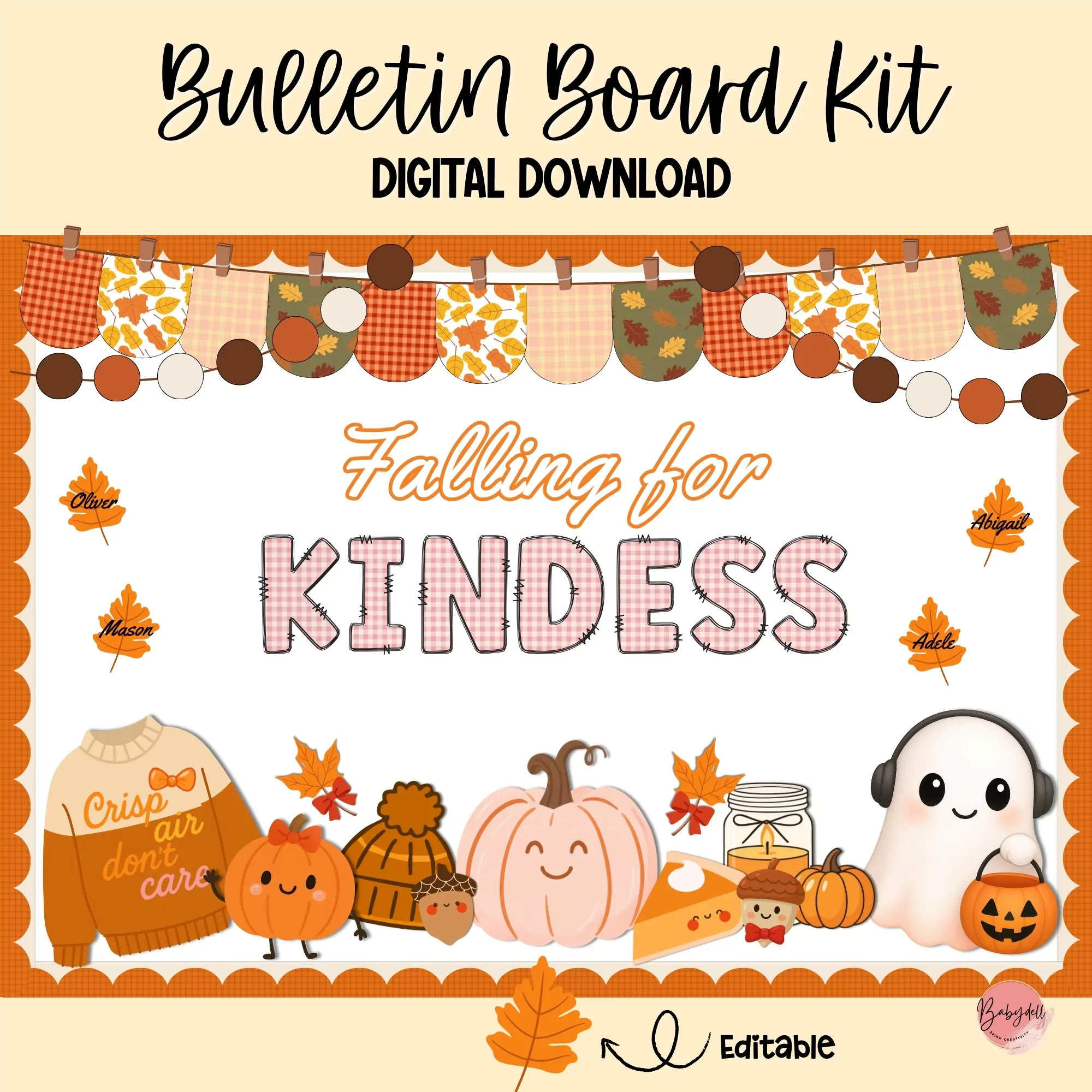 Editable fall-themed kindness bulletin board display for classrooms.