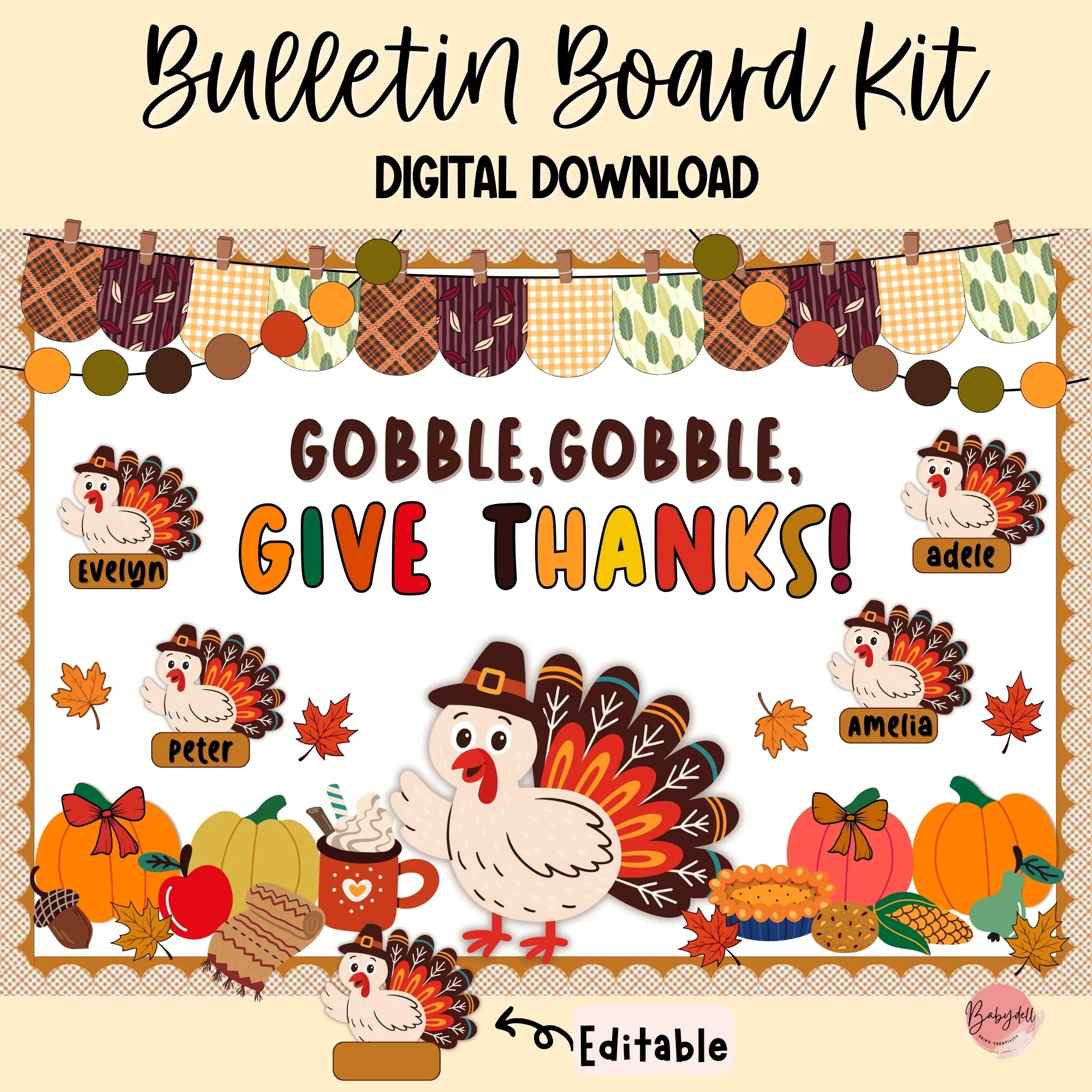 Editable Thanksgiving Turkey Bulletin Board Kit for Classroom