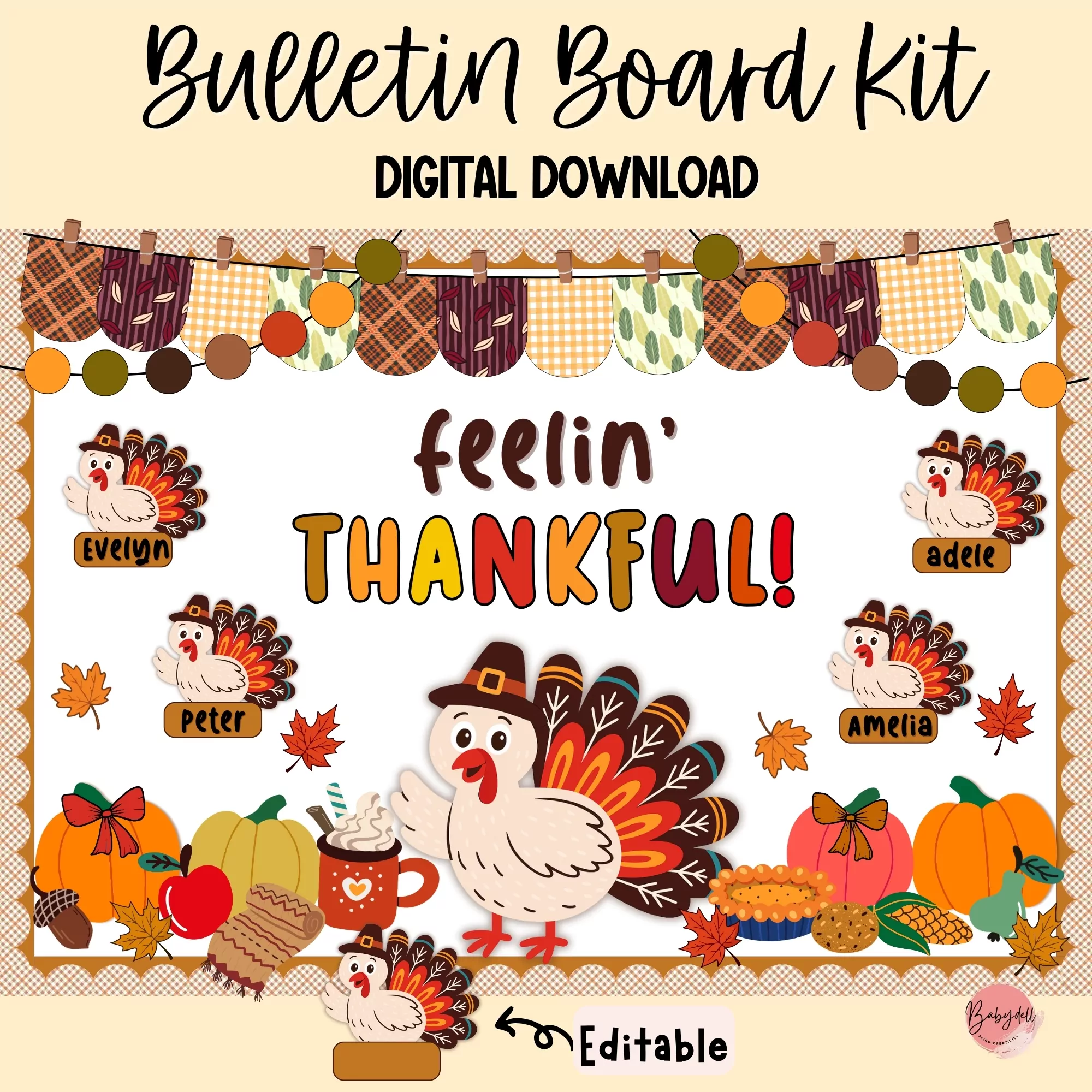 Editable Thanksgiving turkey bulletin board kit for classroom decoration.