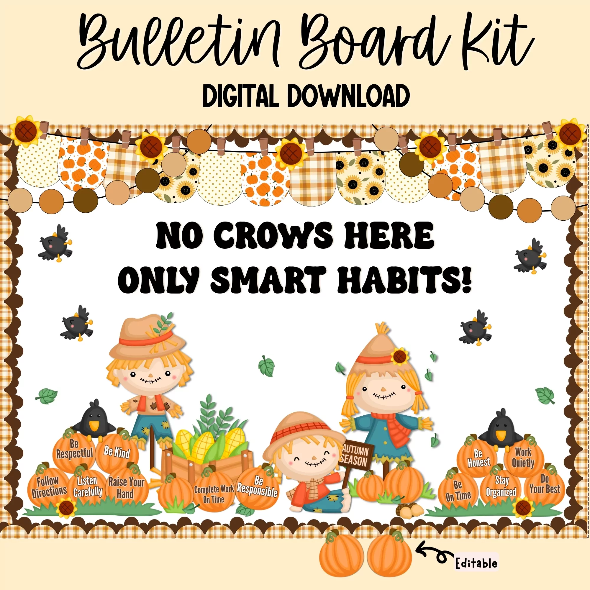 Colorful bulletin board kit featuring pumpkins and good habits themes for fall classroom decor.