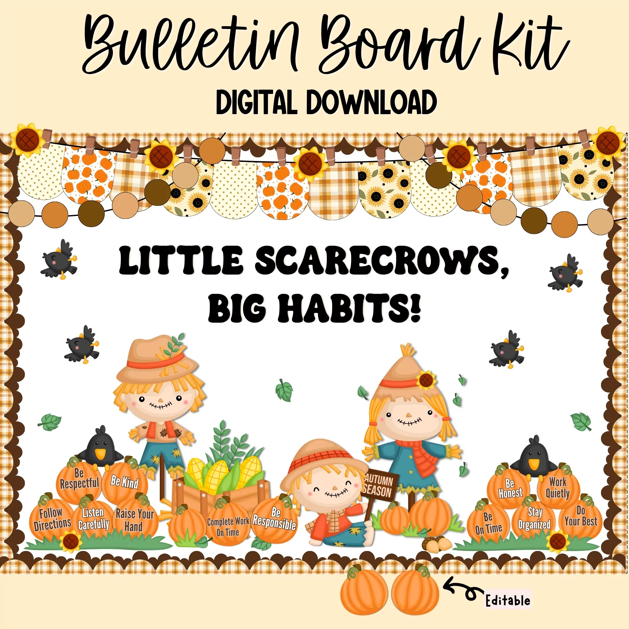 Colorful bulletin board kit featuring pumpkins and good habits for fall classroom decor.