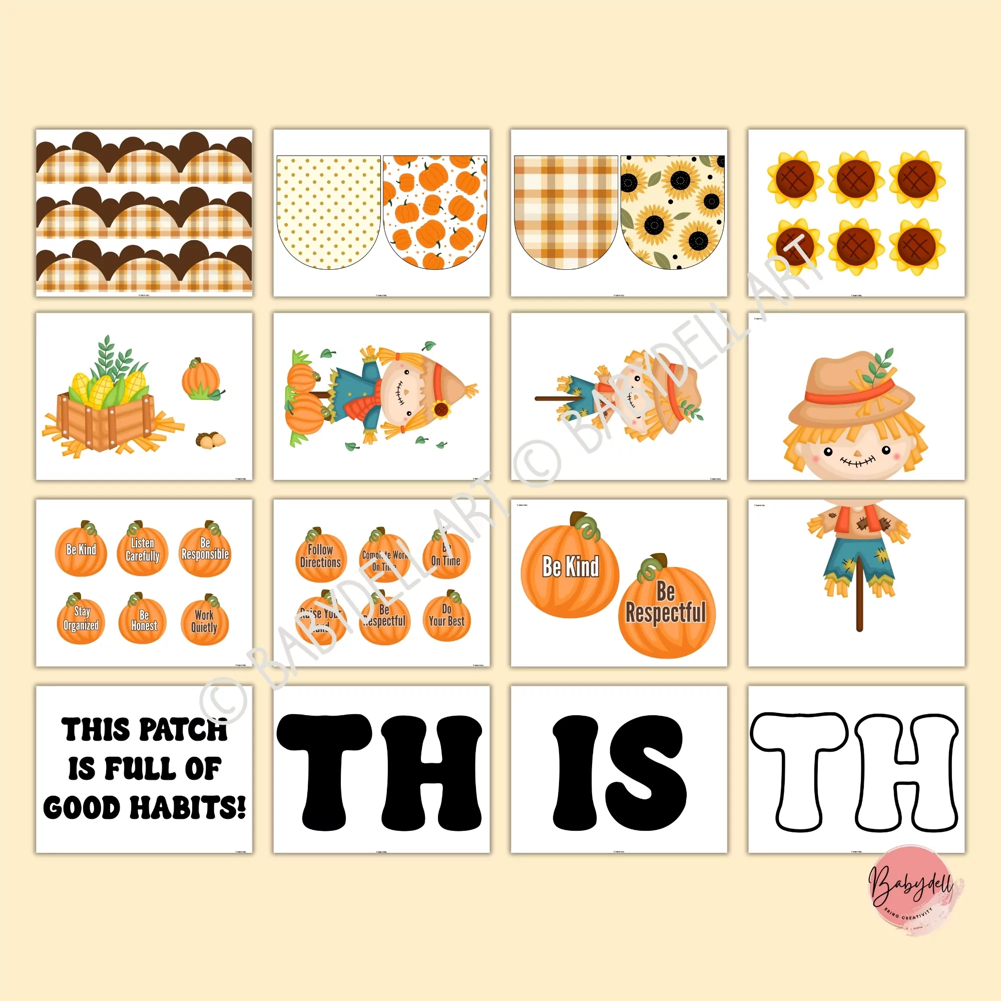 Colorful bulletin board kit featuring pumpkins and good habits theme for classroom decoration.