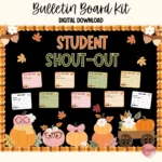 Colorful bulletin board kit for student shout-outs featuring autumn-themed designs.