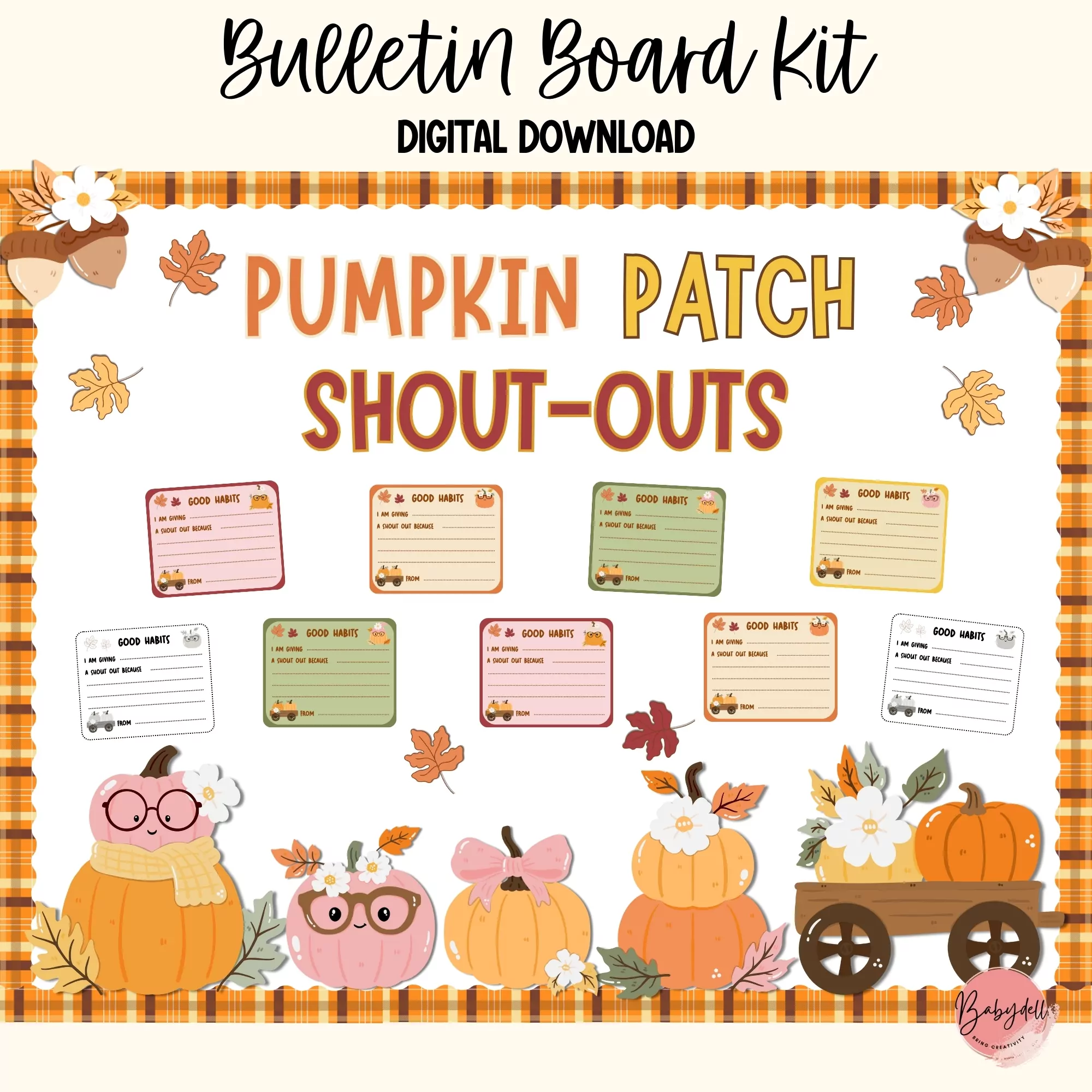 Colorful fall-themed bulletin board kit for student recognition in classrooms.