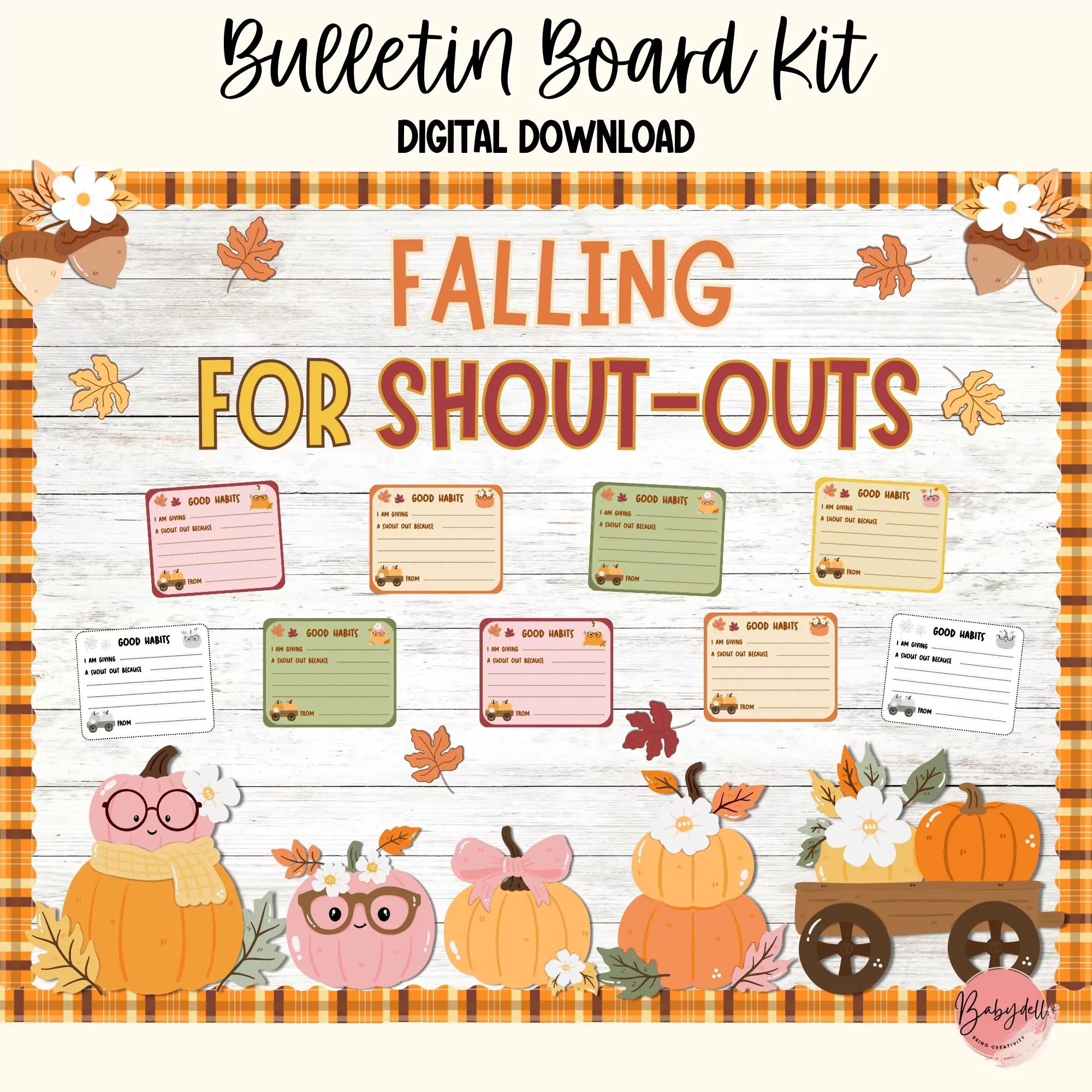"Colorful fall-themed bulletin board kit for student shout-outs in a classroom setting."