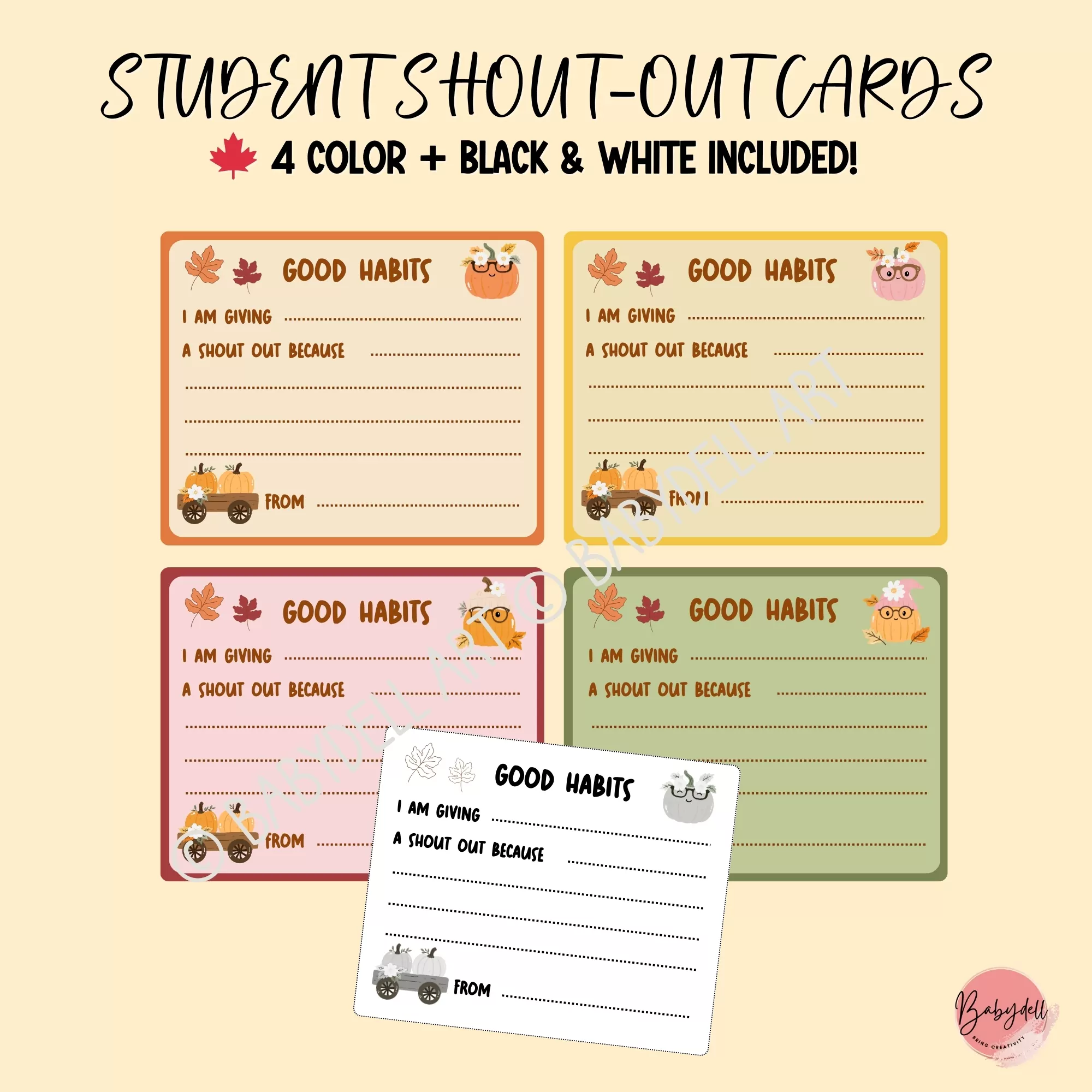 Bulletin board kit featuring fall-themed student shout-outs for classroom positive reinforcement.