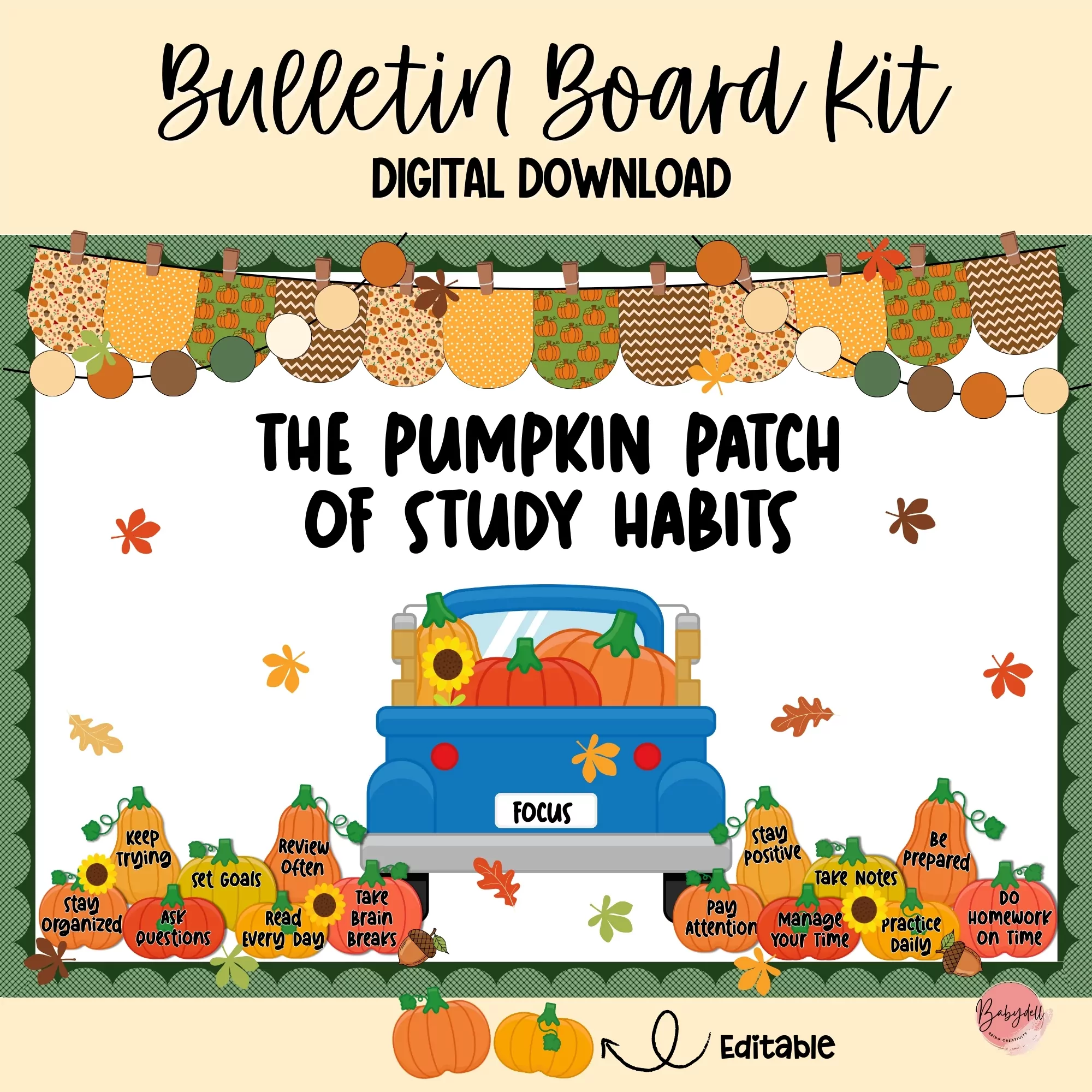 Fall-themed bulletin board kit with autumn leaves and study habits decorations.