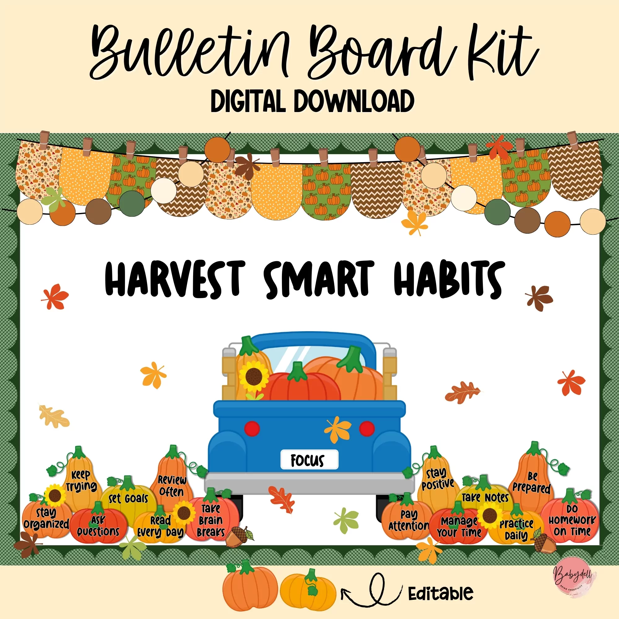 "Editable fall bulletin board kit showcasing cozy autumn decorations and study habits" 3. Caption: "Transform your classroom into a cozy autumn haven and inspire learning with our delightful bulletin board kit!" 4. Description: This Editable Fall Bulletin Board Kit adds a charming touch of autumn to your classroom decor, perfect for fostering a warm and inviting learning environment. Featuring vibrant graphics and inspiring study habits, this kit allows for easy customization to suit your educational themes. Embrace the cozy spirit of fall and help your students thrive with this engaging and beautiful decoration!
