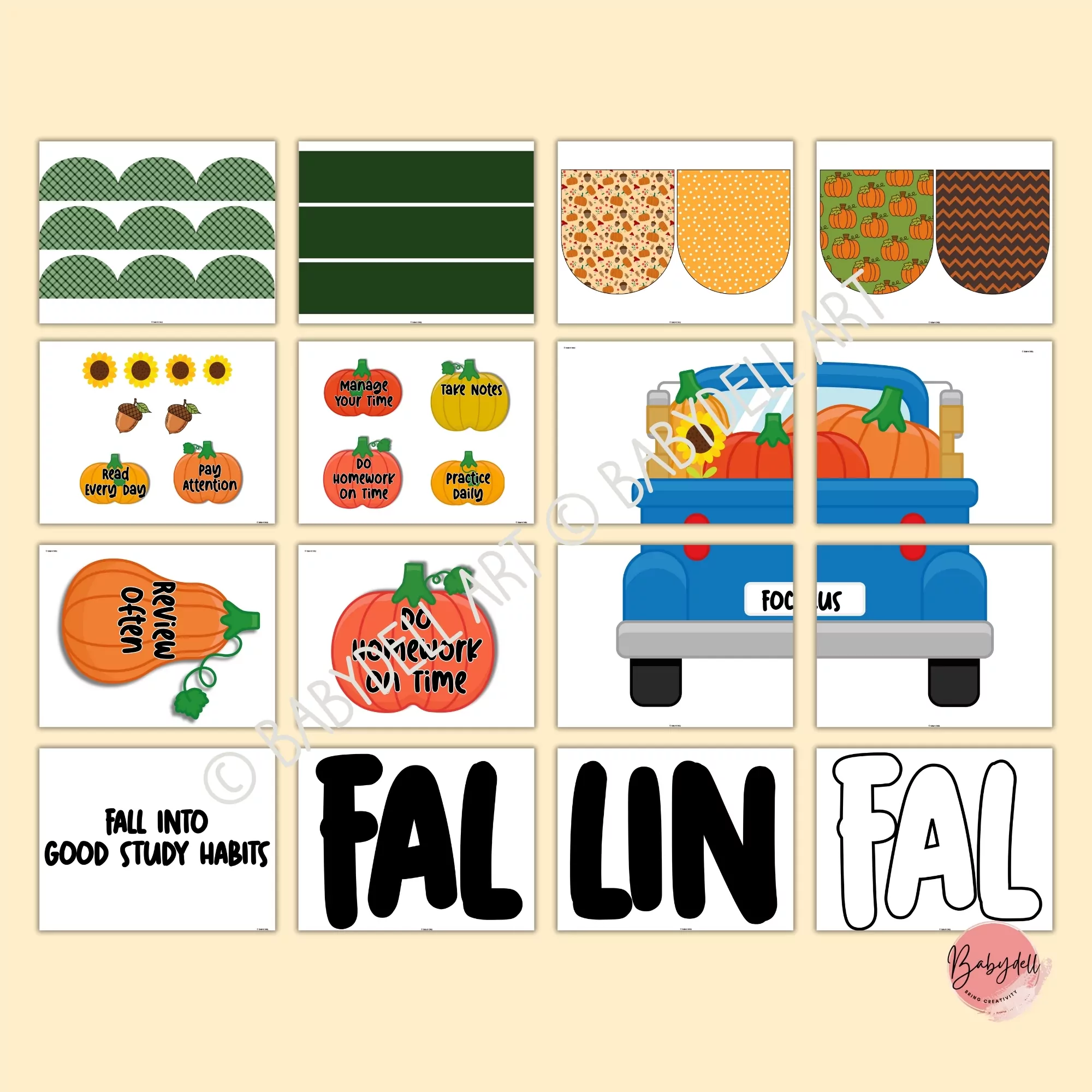 Editable fall bulletin board kit featuring autumn-themed decorations and study habits tips for the classroom.
