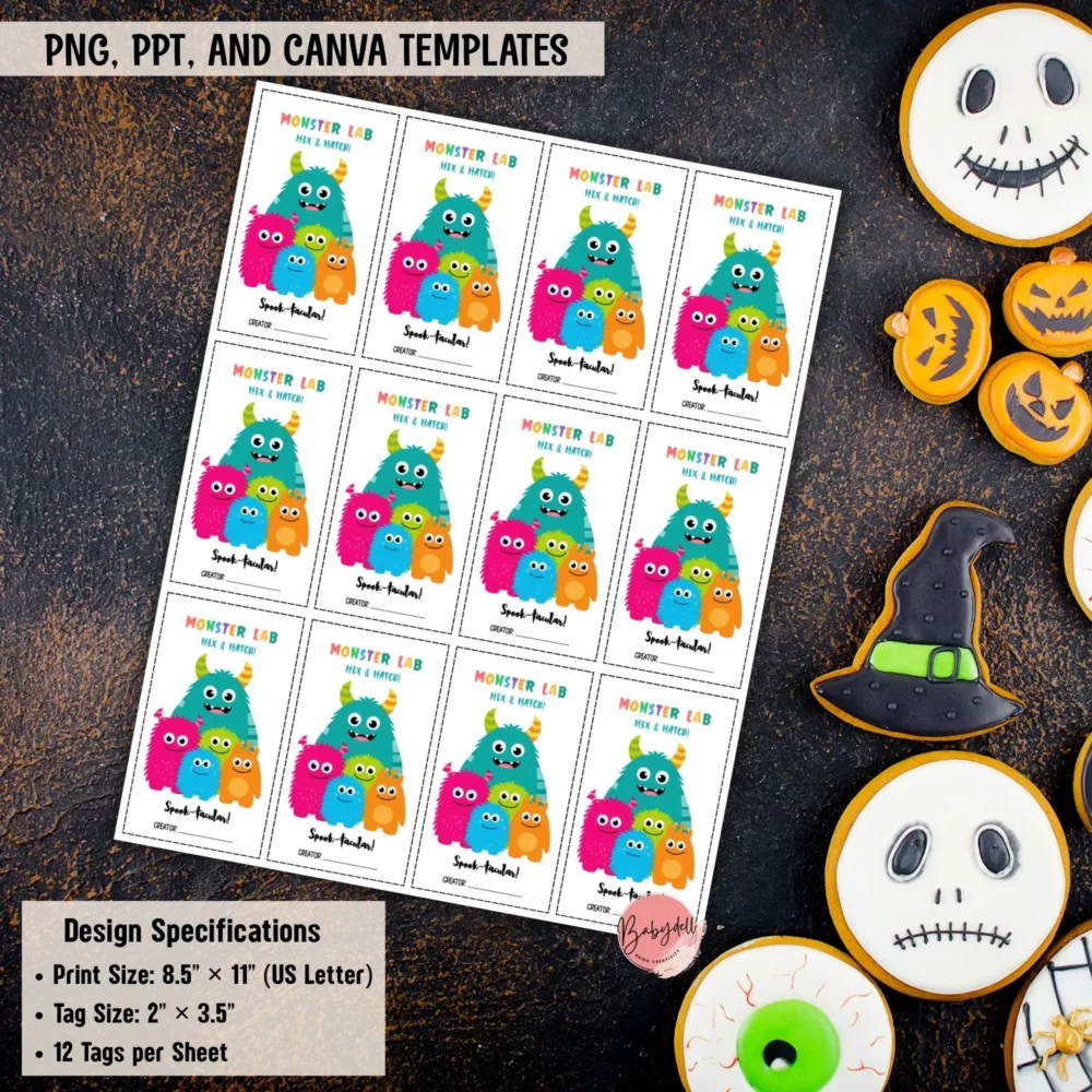 Colorful Halloween tags featuring fun monster designs for classroom treats.