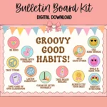 Colorful bulletin board kit featuring retro designs promoting good habits for the classroom.