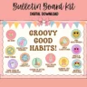 Colorful bulletin board kit featuring retro designs promoting good habits for the classroom.