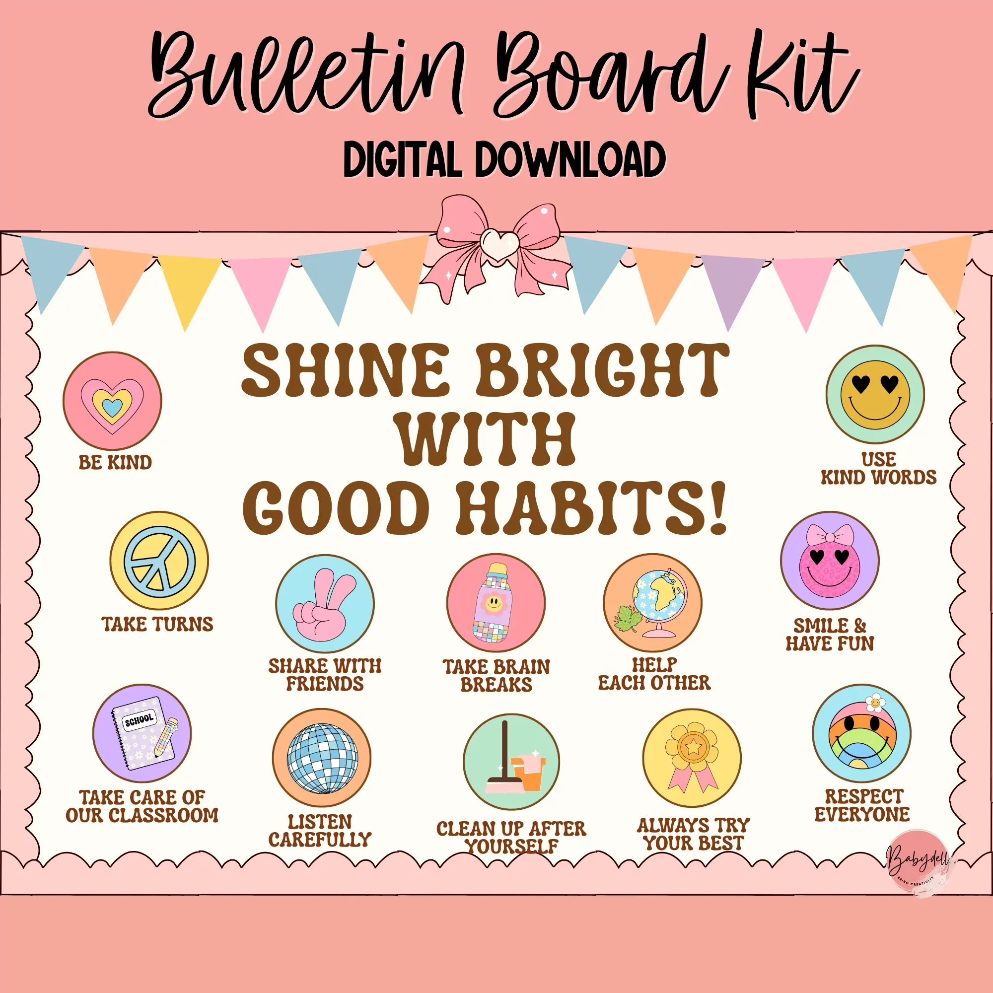 Colorful bulletin board kit featuring retro-style illustrations promoting good habits for classrooms.