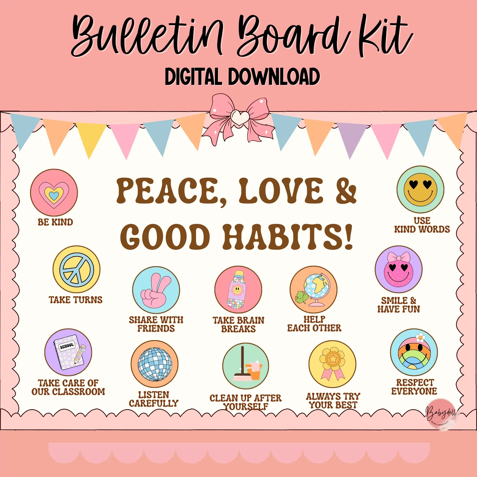 Colorful bulletin board kit featuring retro-style designs promoting positive habits for a classroom.