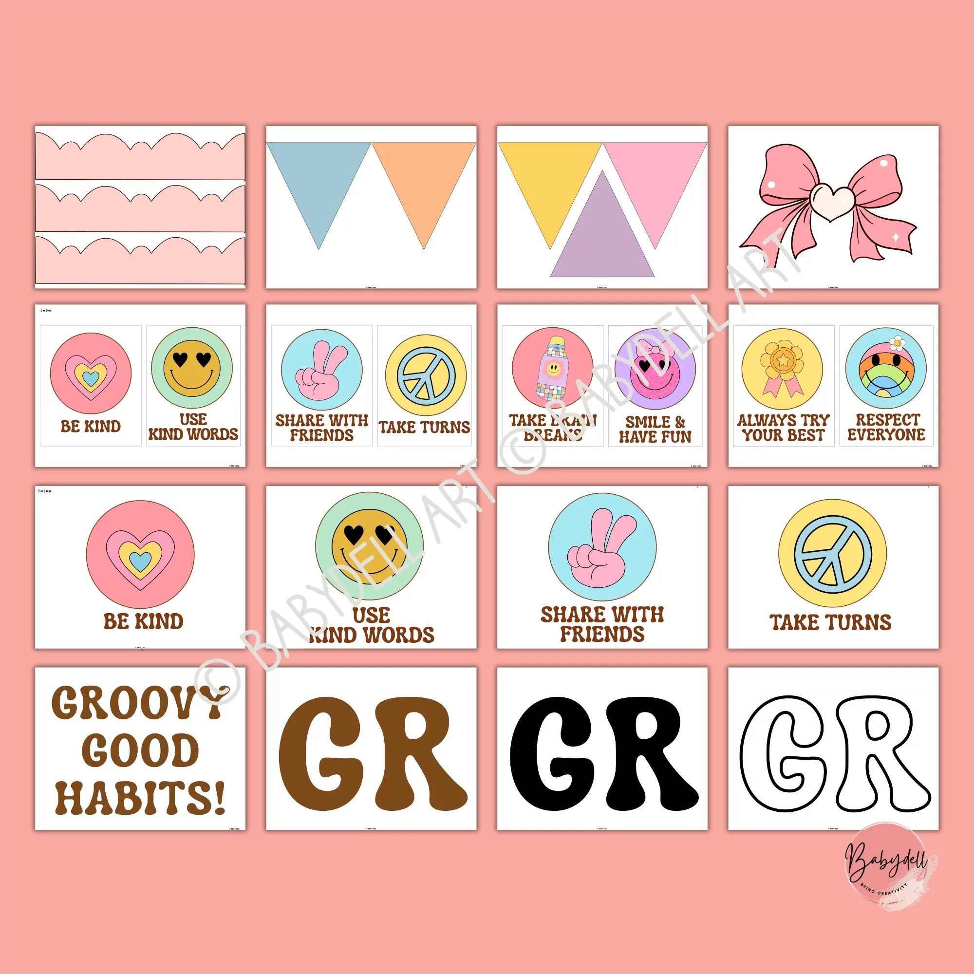 A vibrant bulletin board kit featuring retro-themed designs for promoting good habits in the classroom.