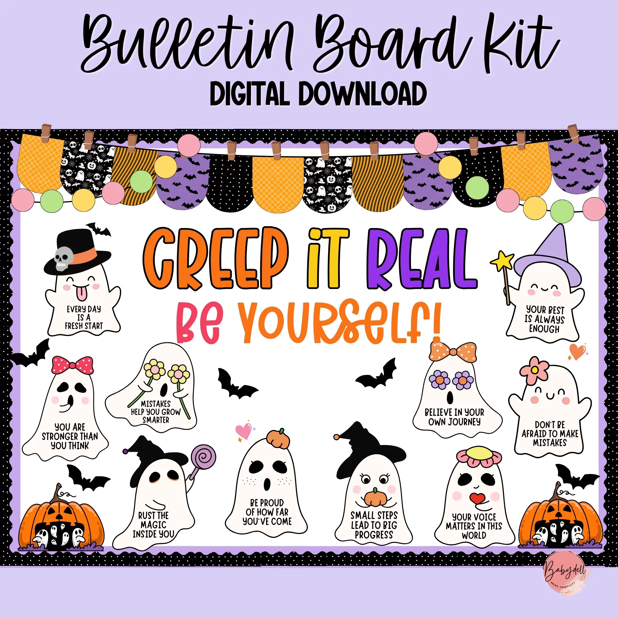 Colorful Halloween-themed bulletin board kit promoting a growth mindset for classrooms.