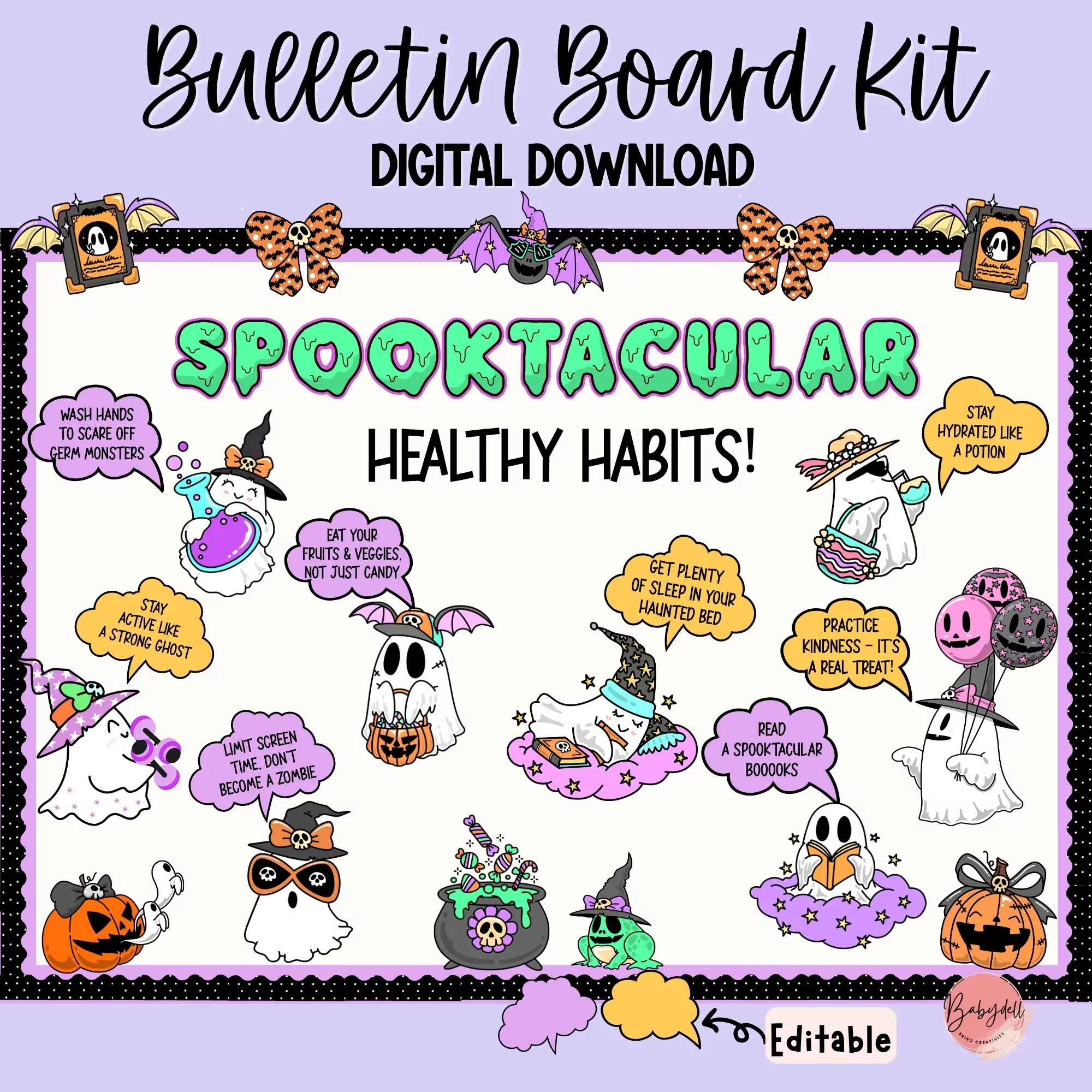 Editable Halloween-themed bulletin board promoting healthy habits