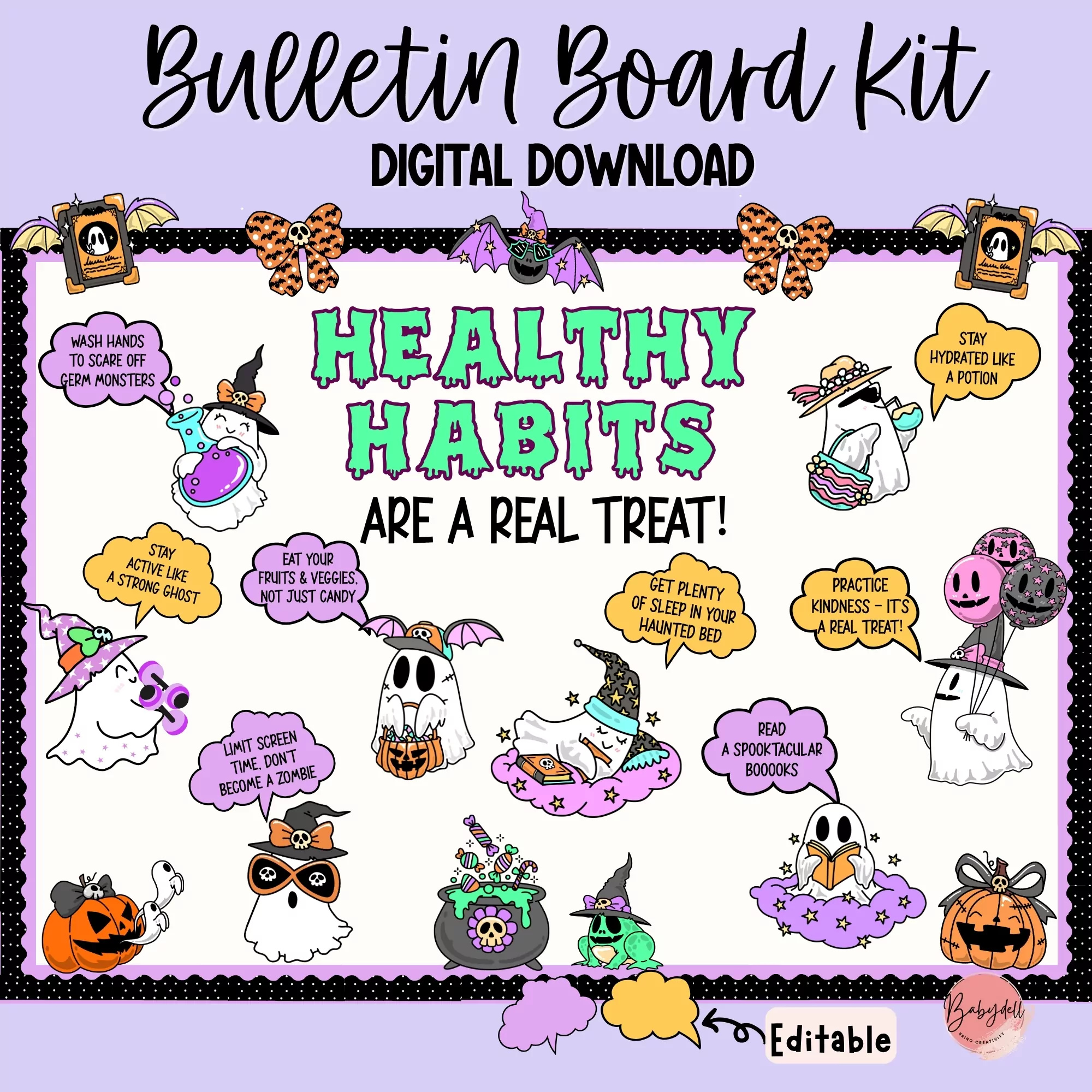 Editable Halloween-themed bulletin board featuring healthy habits and spooky decorations.