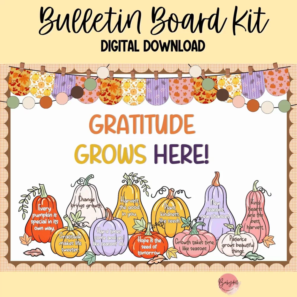 Colorful bulletin board kit featuring fall-themed designs promoting a growth mindset in the classroom.