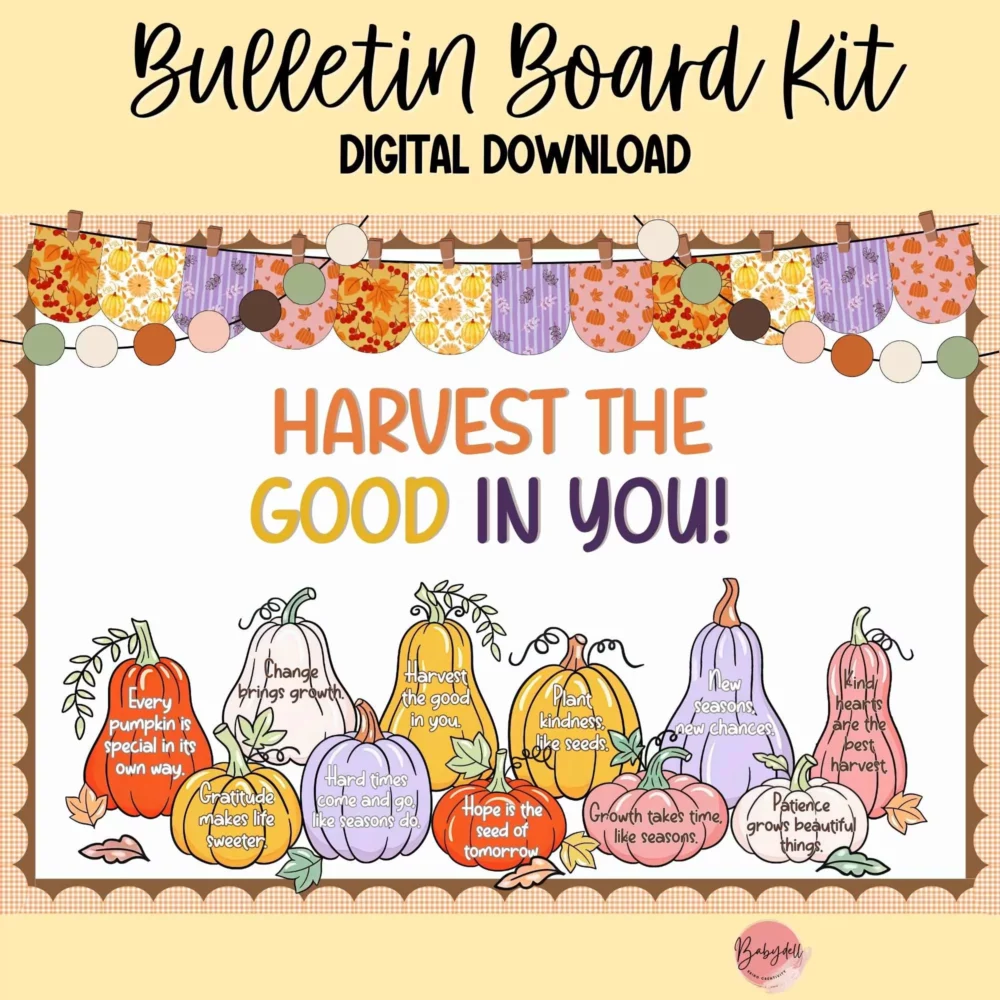 Bulletin board kit featuring inspirational fall-themed decorations for a growth mindset classroom.