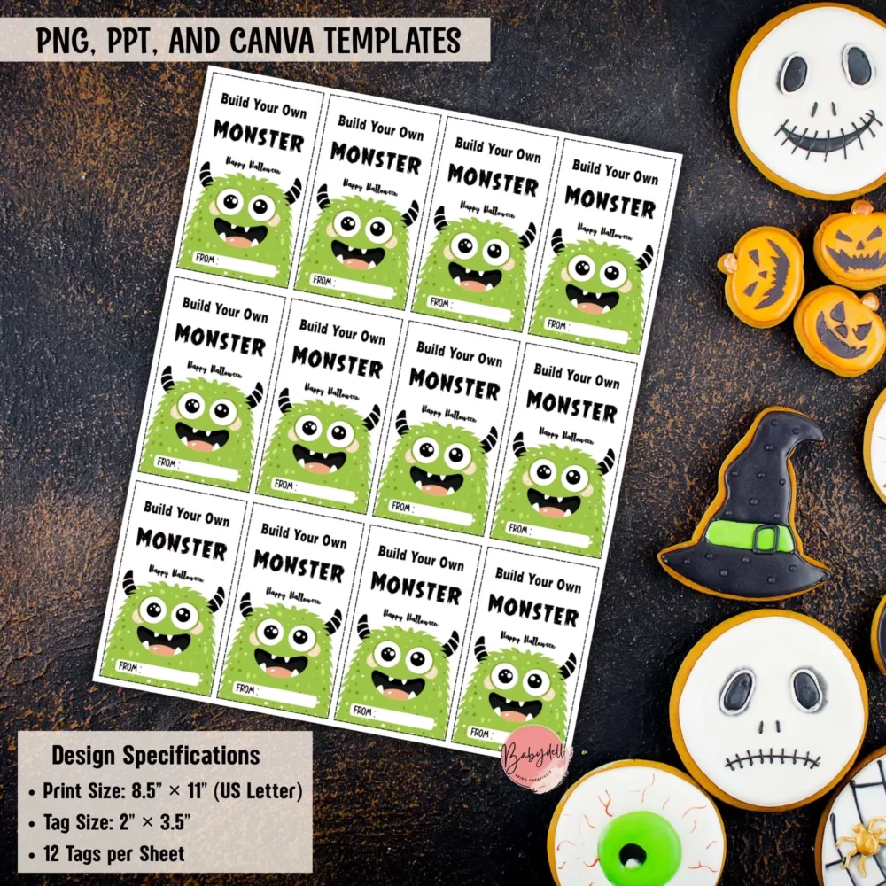 Colorful DIY monster gift tags for children's Halloween party favors.
