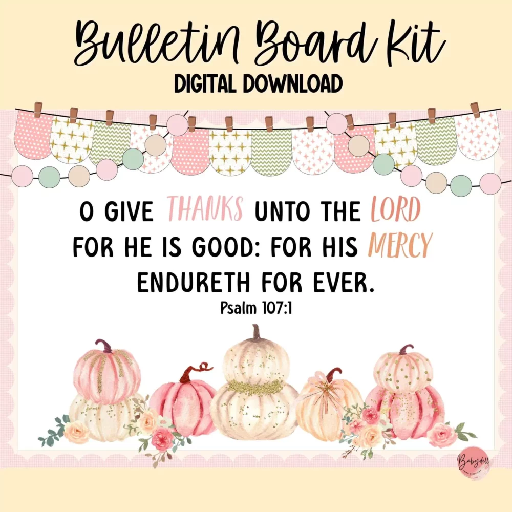 Colorful pastel pumpkin bulletin board kit featuring Bible verses for Sunday School decor.