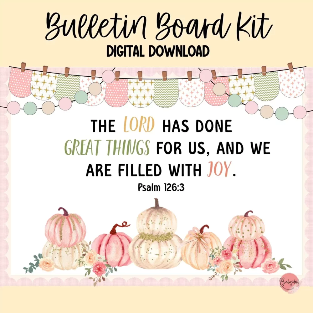Colorful bulletin board kit featuring pastel pumpkins and inspirational Bible verses for Sunday School.