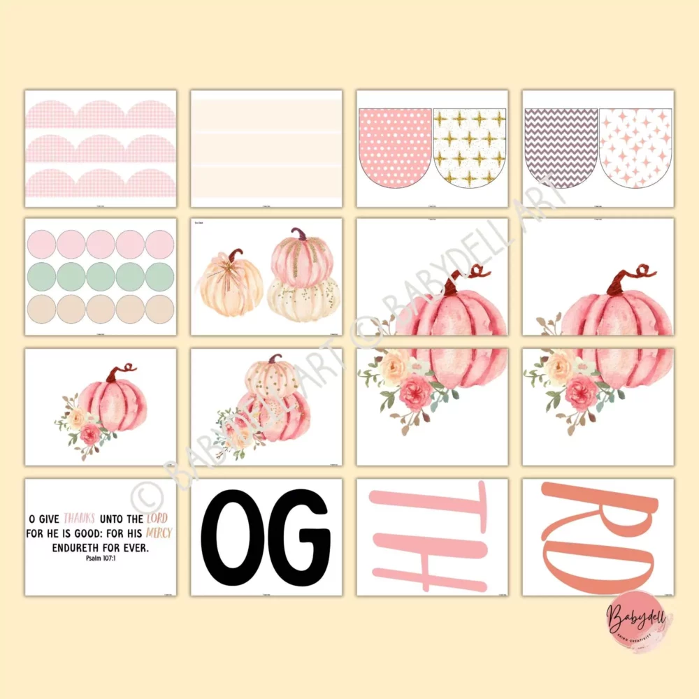 Colorful bulletin board kit featuring pastel pumpkins and Bible verses for Sunday School decor.