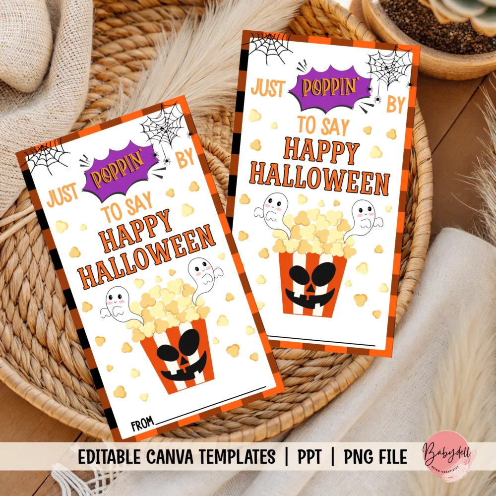 “Poppin’ By” Editable Halloween Popcorn Tags for Kids’ Class Gifts