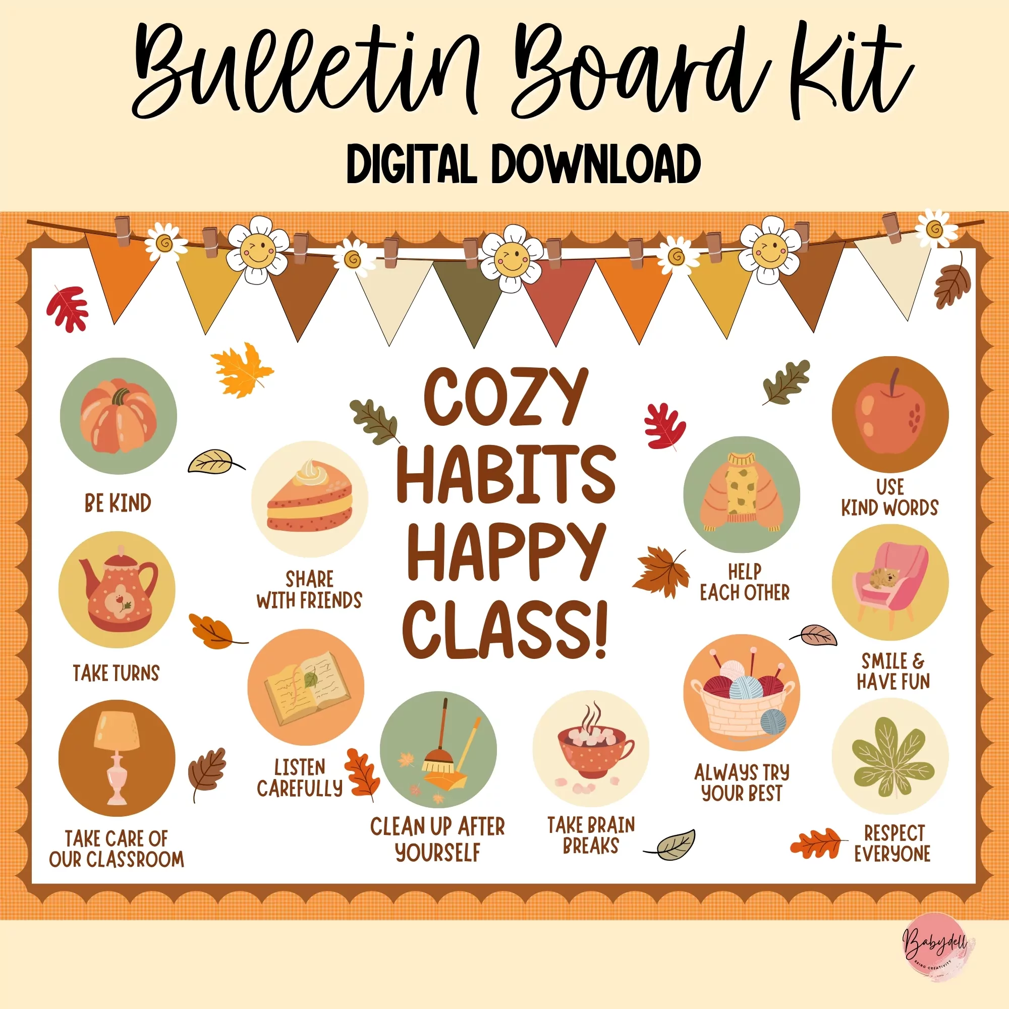 A colorful bulletin board featuring cozy fall-themed habits to promote a happy classroom environment.