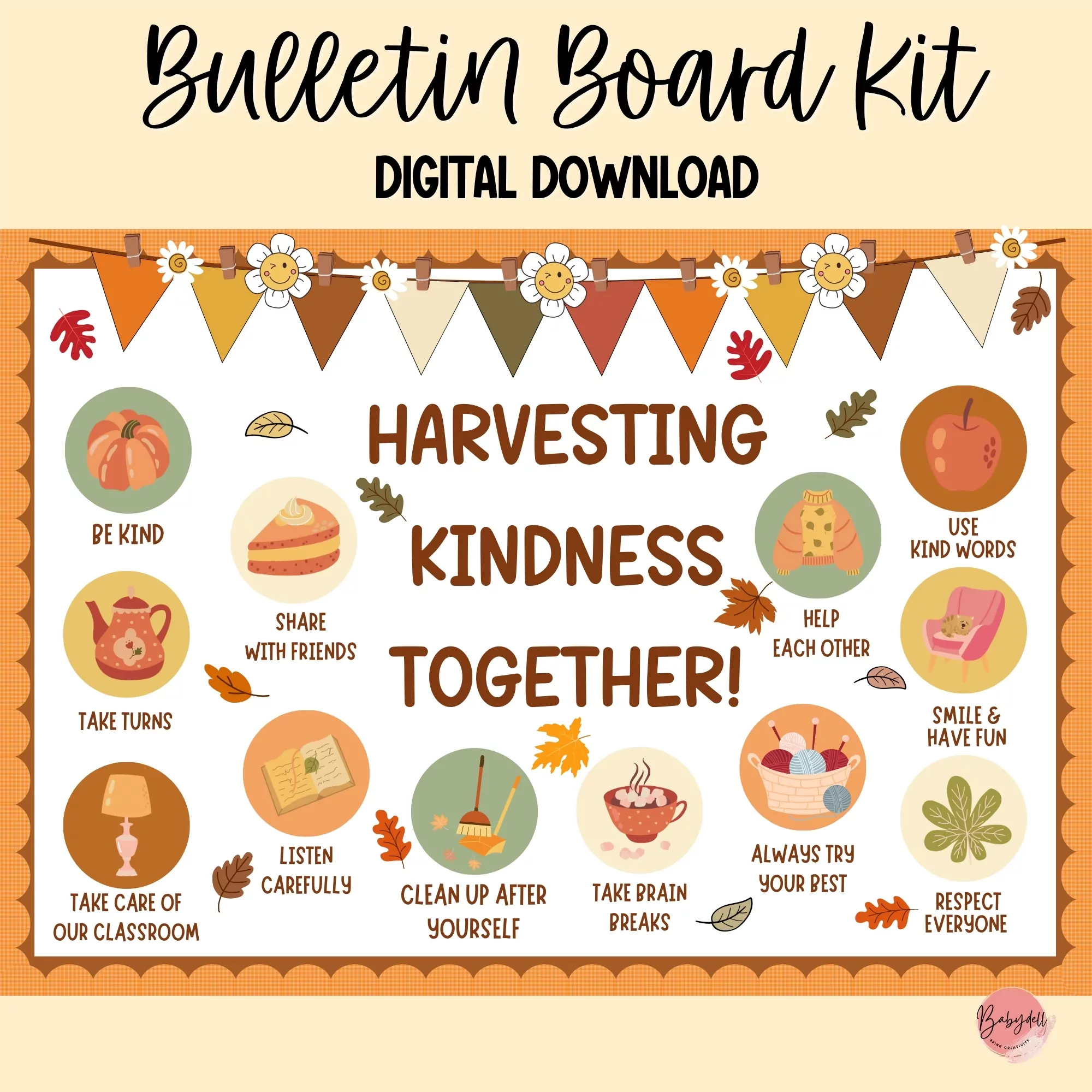 Bulletin board showcasing positive habits and fall-themed decorations for a classroom.