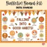 Fall-themed bulletin board showcasing positive habits for a cheerful classroom environment.
