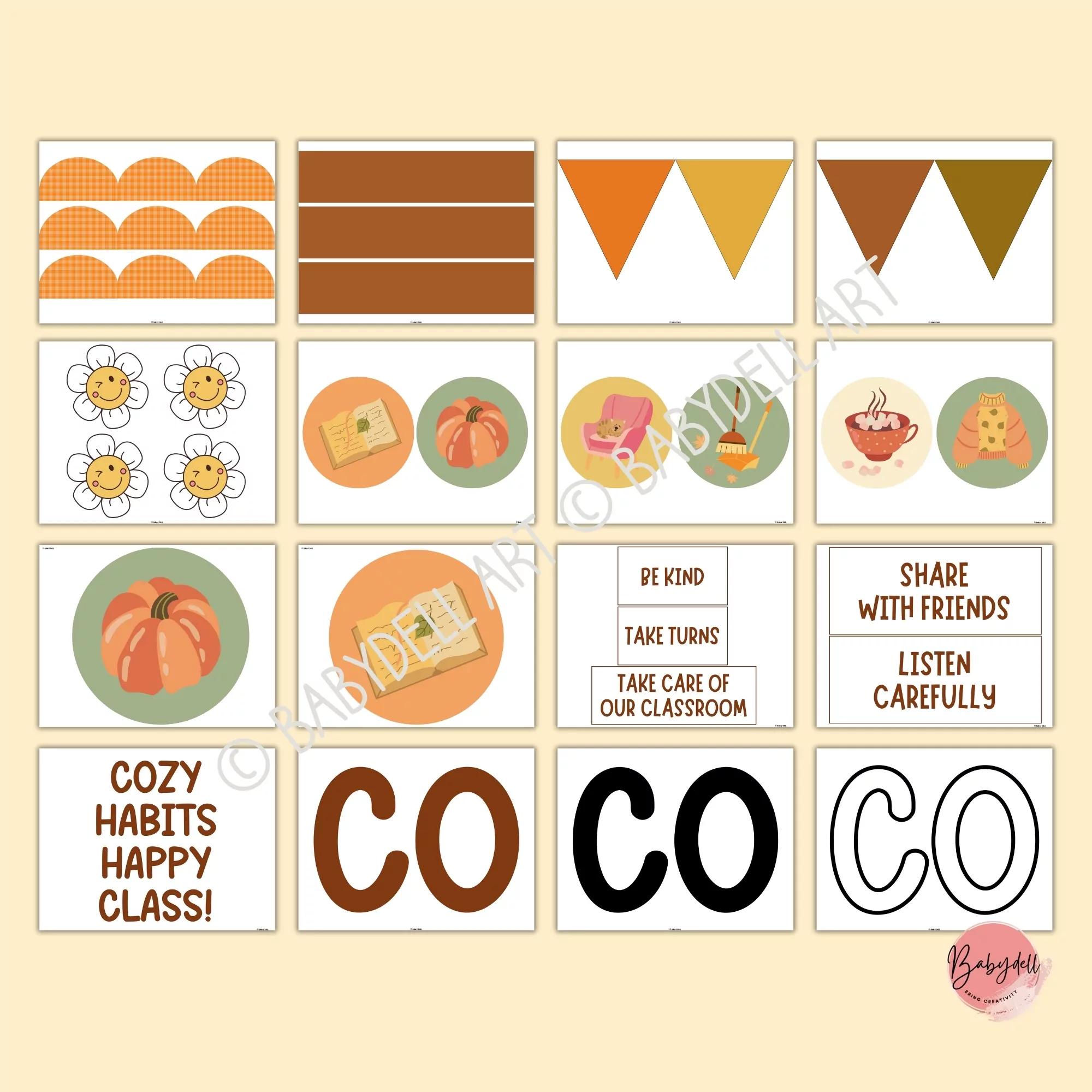 A colorful bulletin board featuring fall-themed positive habits for a cozy classroom.