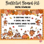 Colorful bulletin board kit featuring fall-themed geese and Bible verses for classroom decoration.