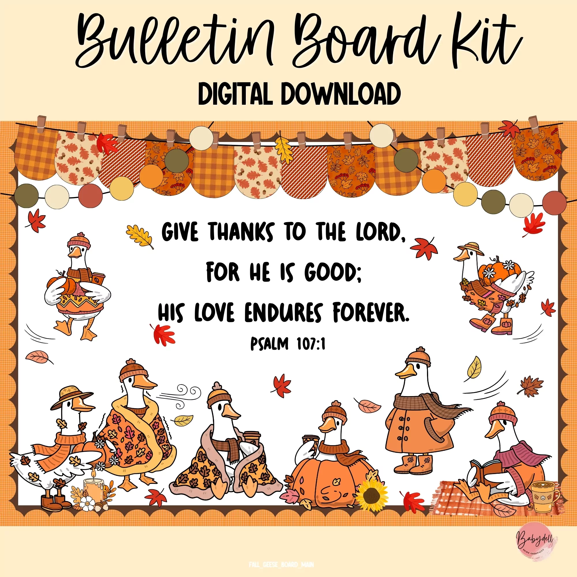 A colorful bulletin board kit featuring fall geese and inspiring Bible verses designed for classroom decor.