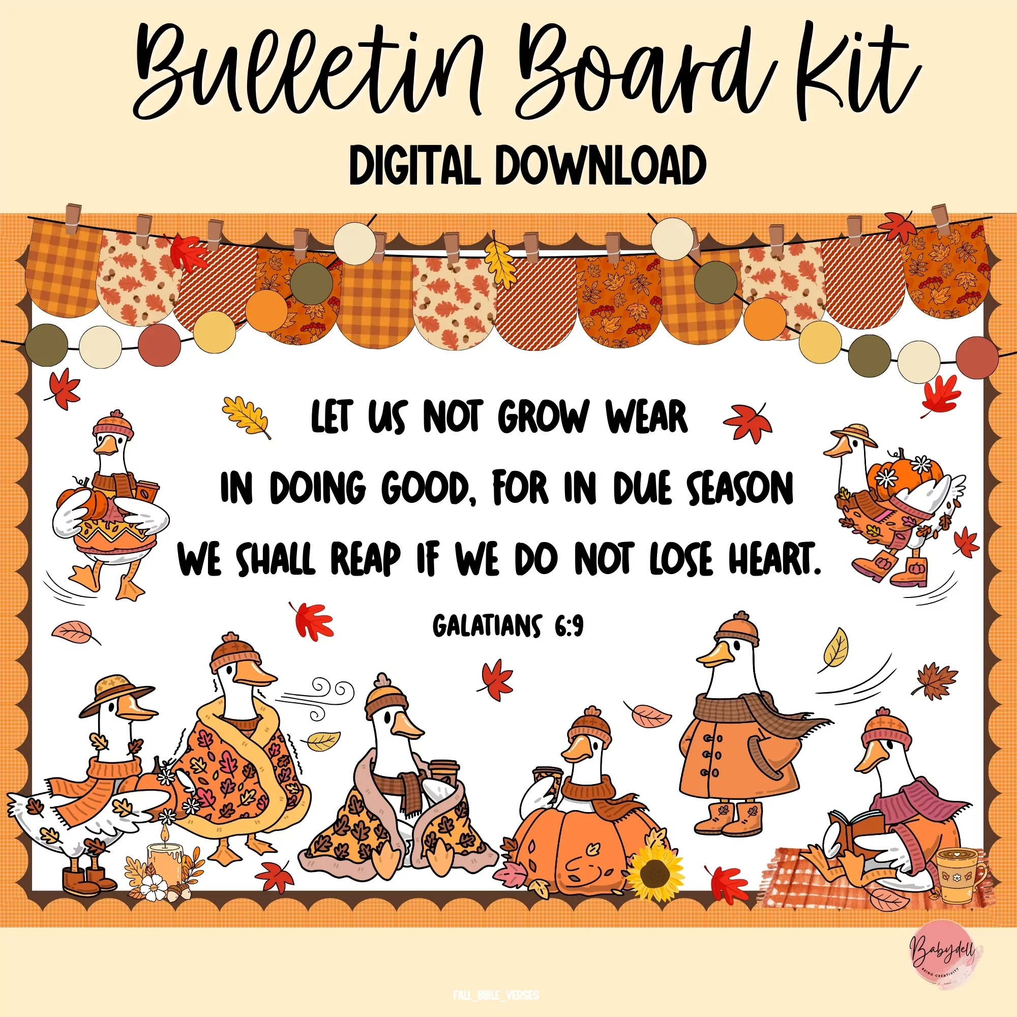 Fall-themed bulletin board kit featuring geese and Bible verses for classroom decor.