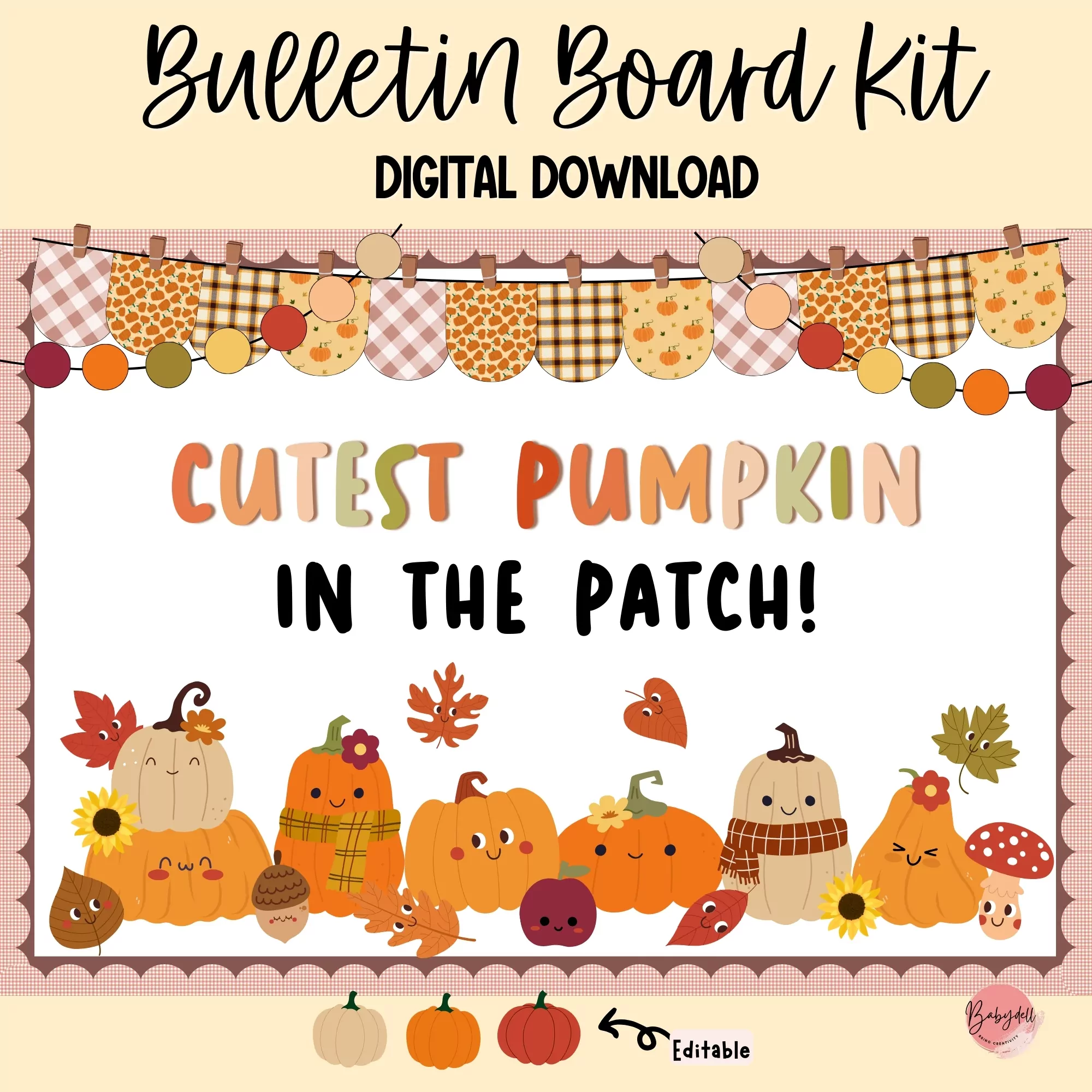 A colorful bulletin board kit featuring cute pumpkins and autumn designs for classroom decor.
