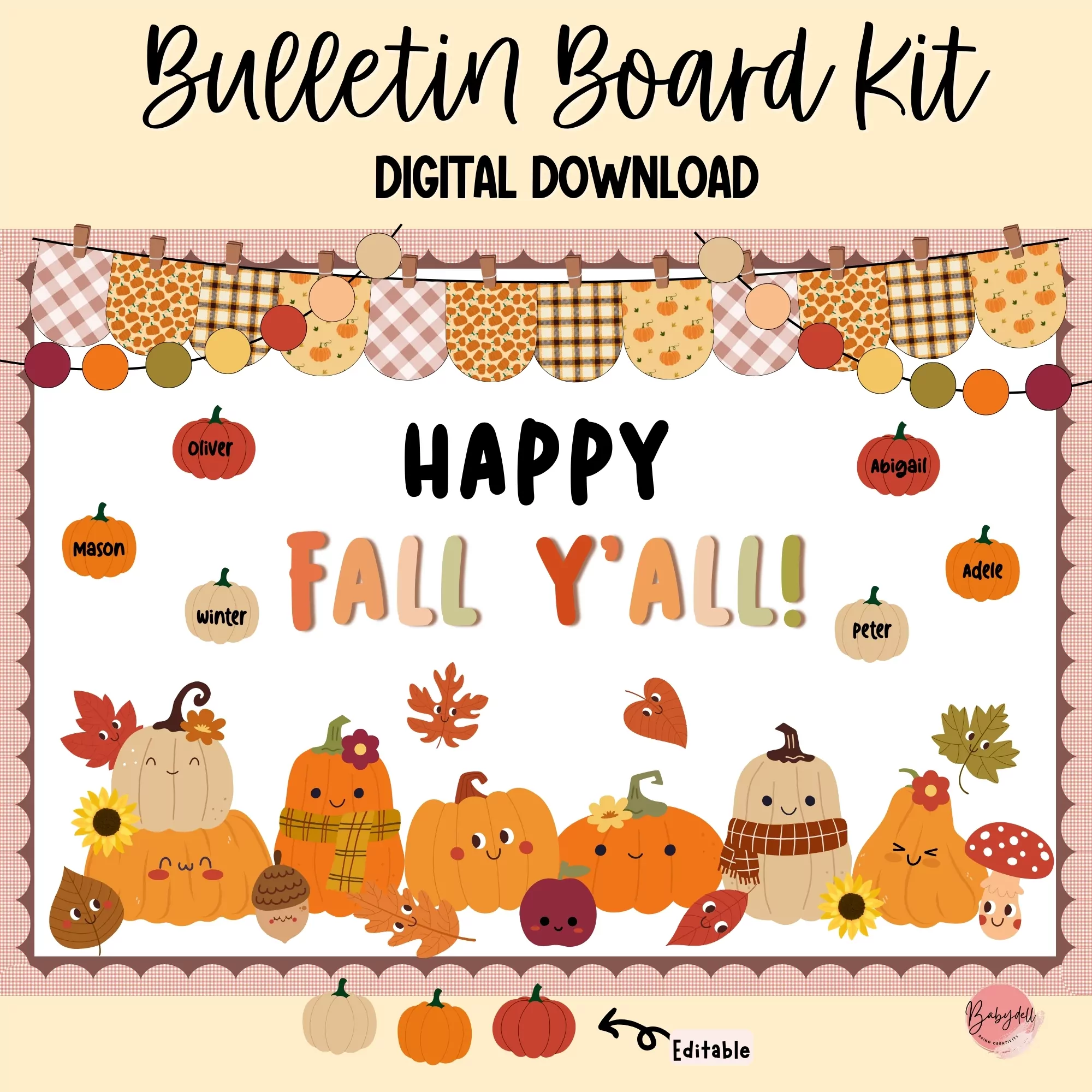 Colorful fall bulletin board kit featuring cute pumpkins and autumn-themed decorations for classrooms.