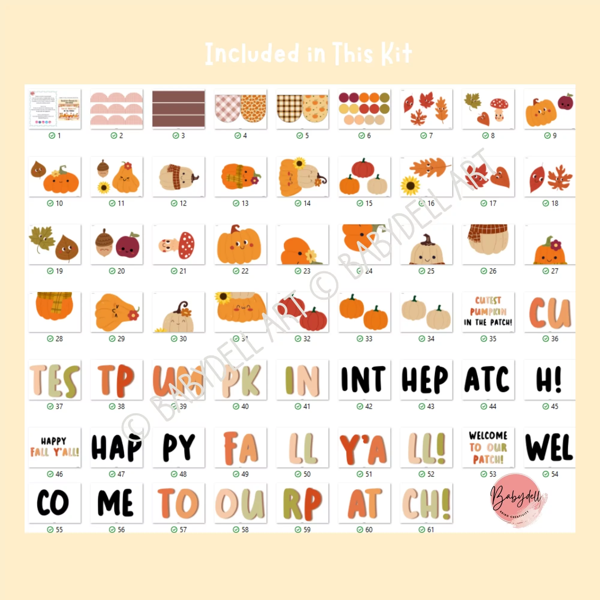 Colorful fall bulletin board kit featuring adorable pumpkin designs for classroom decoration.