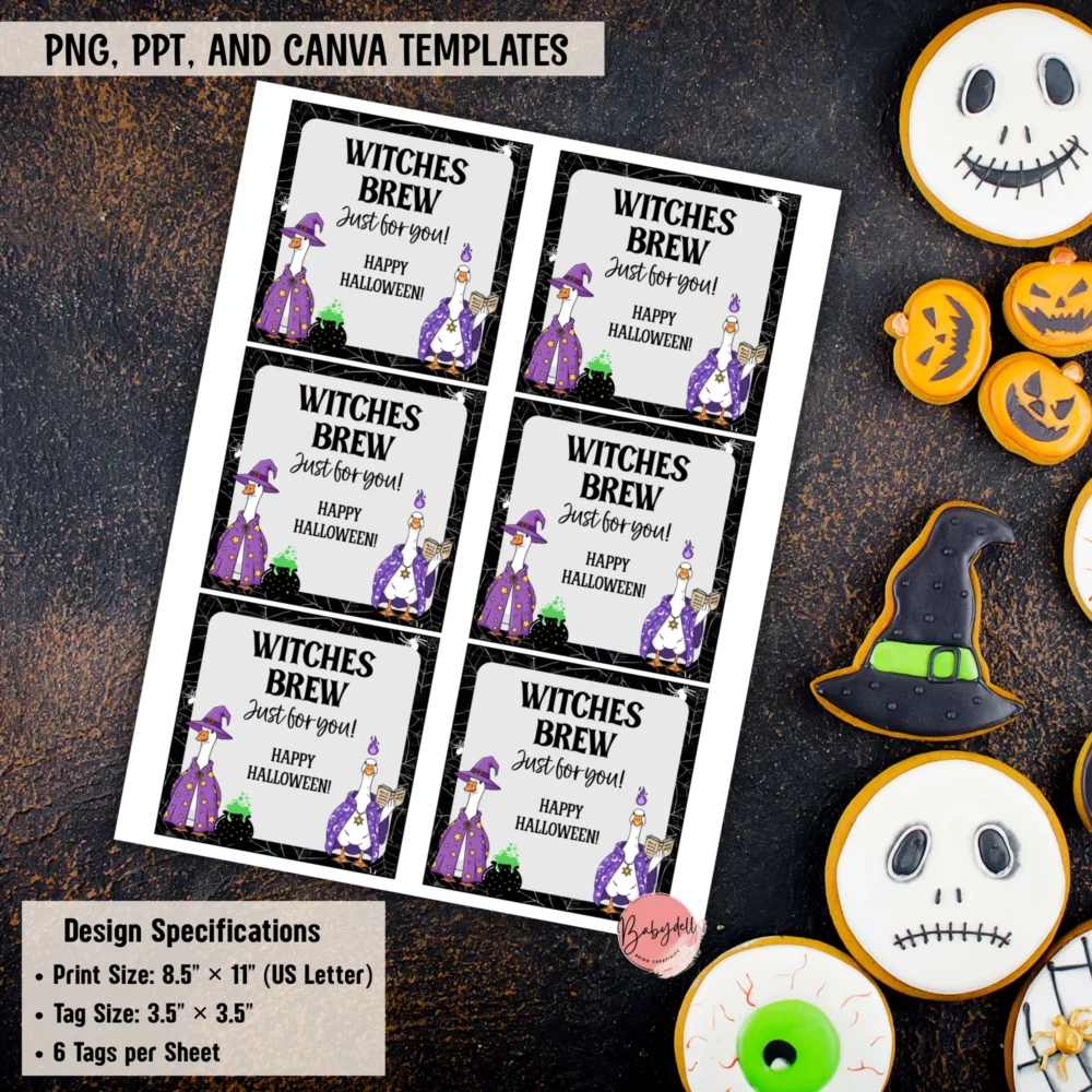 Colorful printable Halloween tags featuring whimsical "Silly Goose" designs for treat bags.