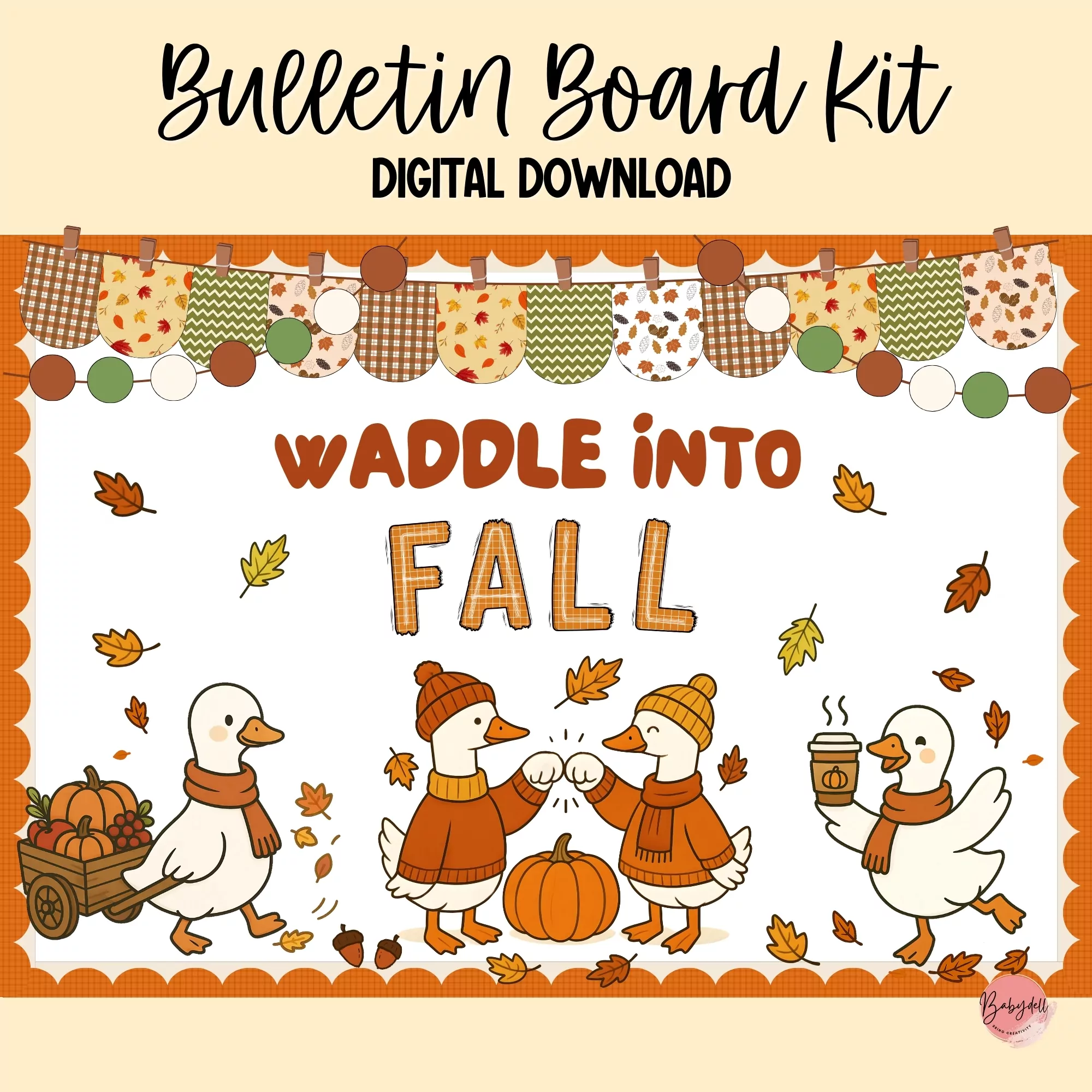 Printable Fall bulletin board kit featuring playful geese and autumn leaves for classroom decor.
