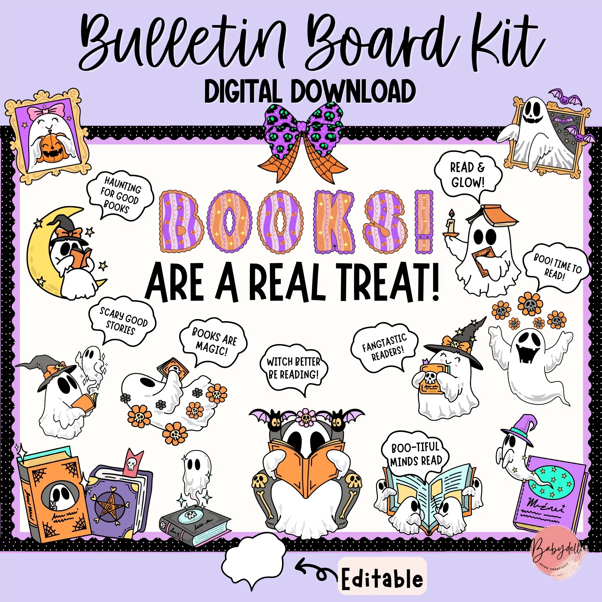 Colorful Halloween-themed bulletin board kit for classroom reading decor.