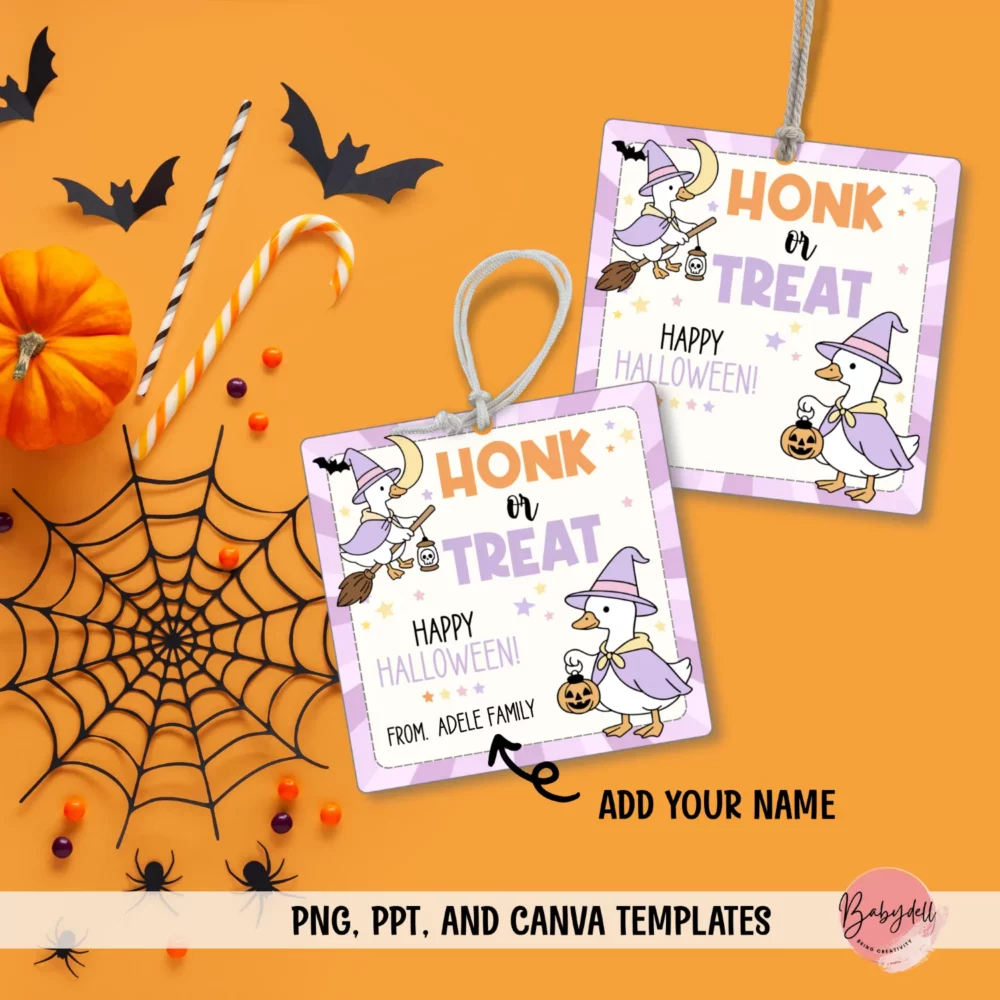 Colorful classroom Halloween tags featuring "Silly Goose" design for kids' treats