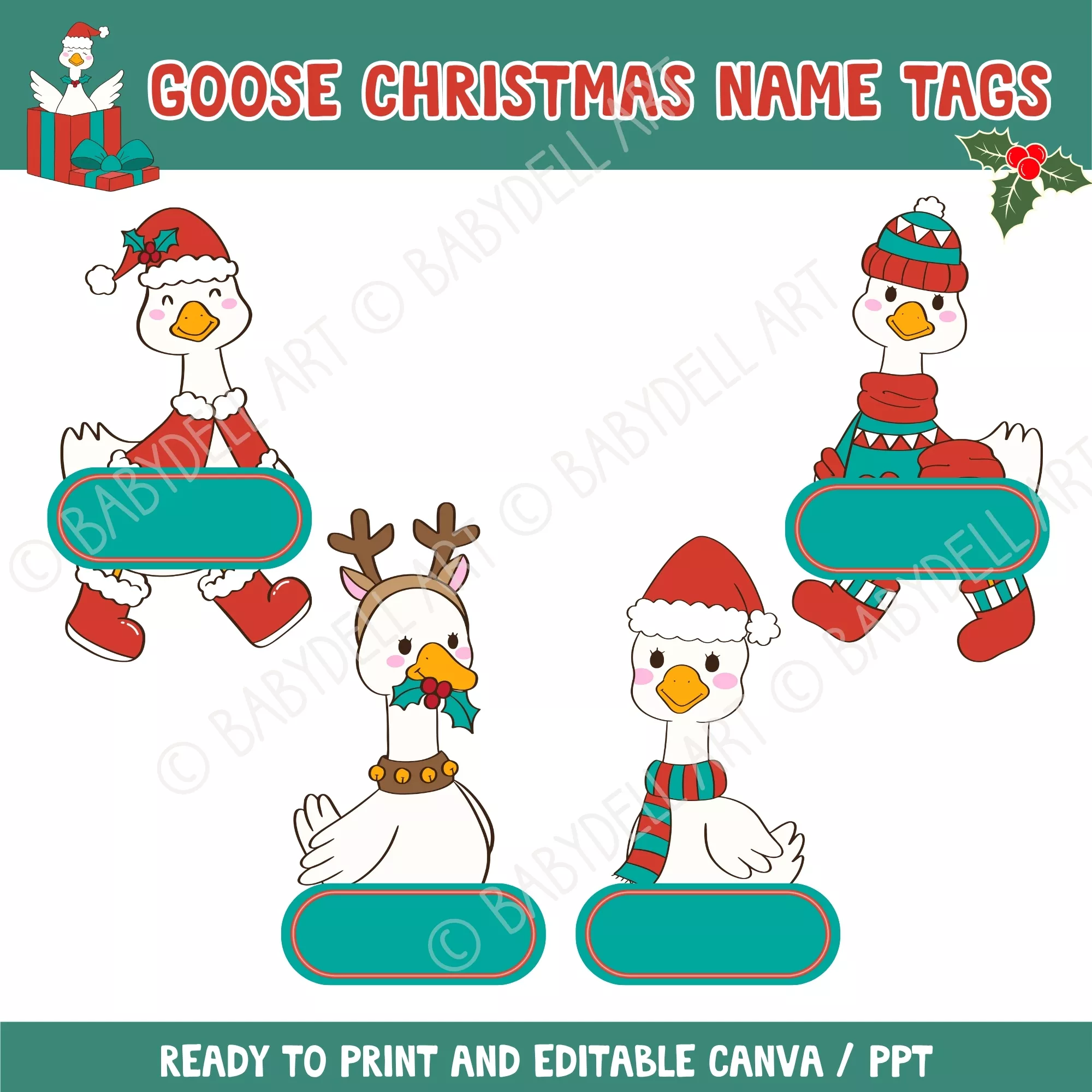 Cute Goose Christmas Name Tags – Editable & Printable Holiday Template