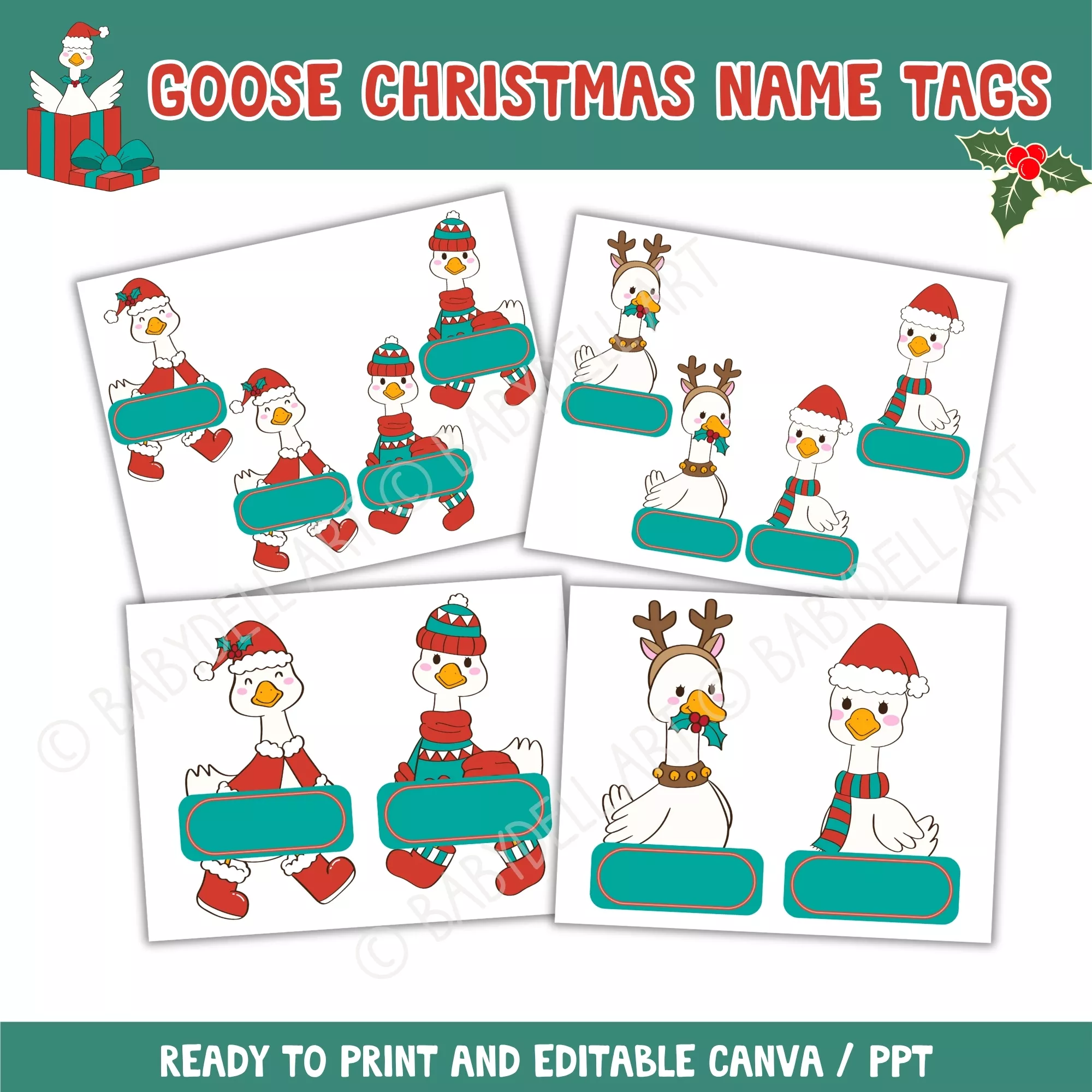 Cute Goose Christmas Name Tags – Editable & Printable Holiday Template - Image 2