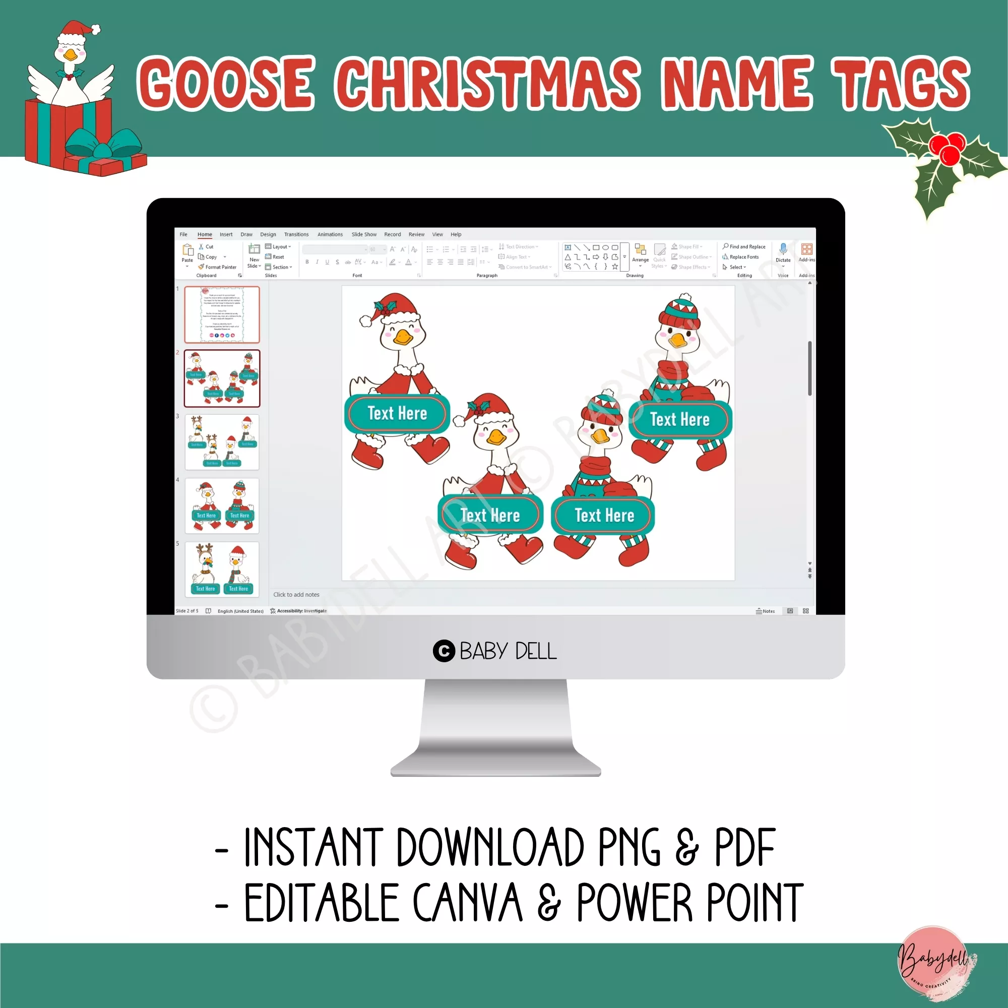 Cute Christmas gift tags featuring a whimsical goose design, editable and printable.